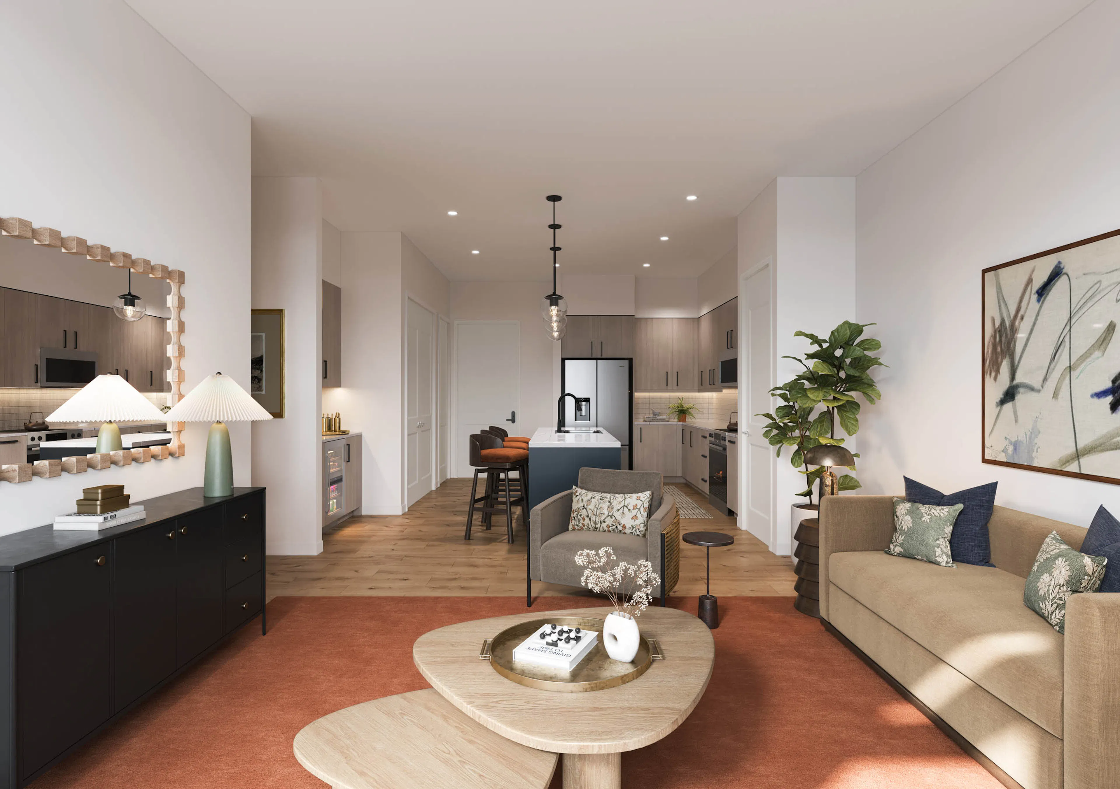 Rendering of living room and kitchen at AMLI Treehouse with earth tone colors,  couch with coffee table, and island kitchen 