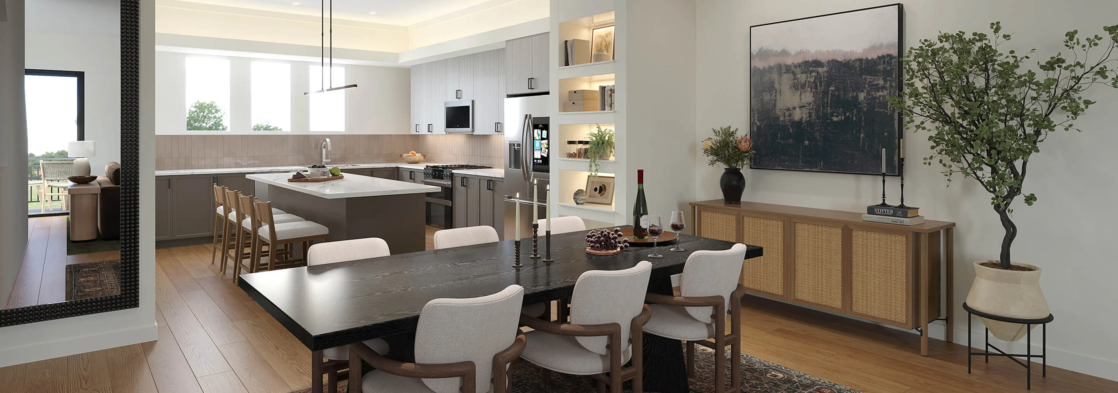 Rendering of kitchen with island with four chairs behind a dining table and six chairs at AMLI Treehouse apartments