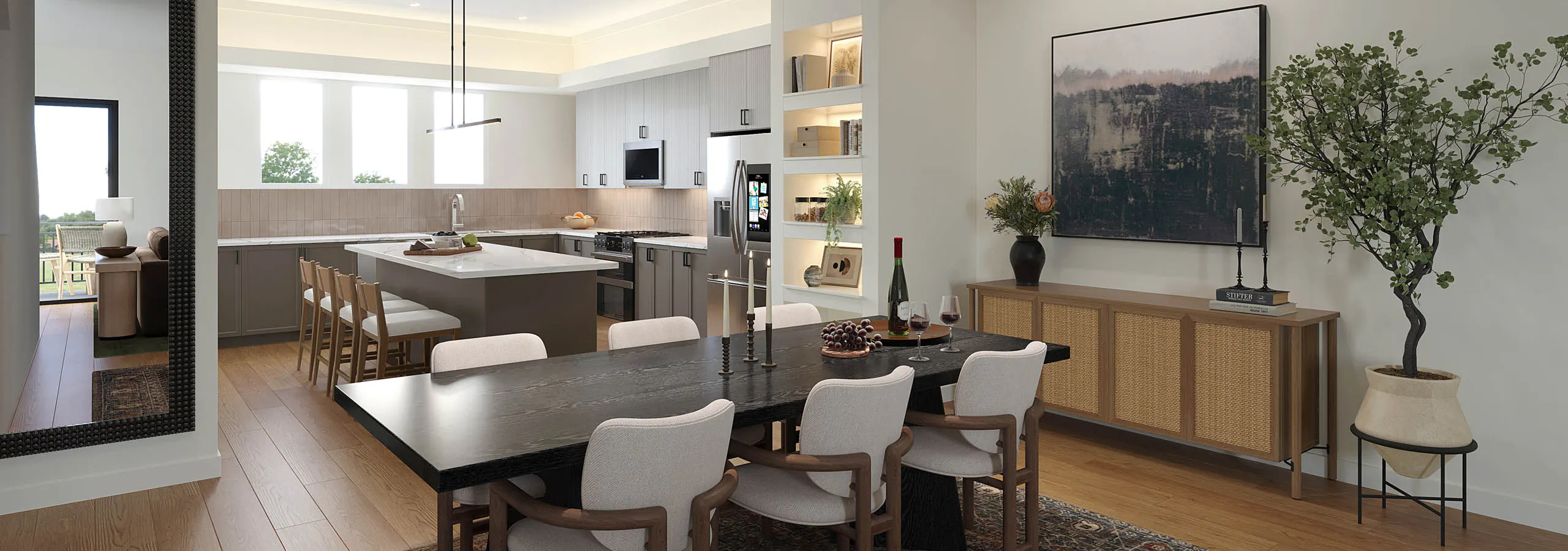 Rendering of kitchen with island with four chairs behind a dining table and six chairs at AMLI Treehouse apartments