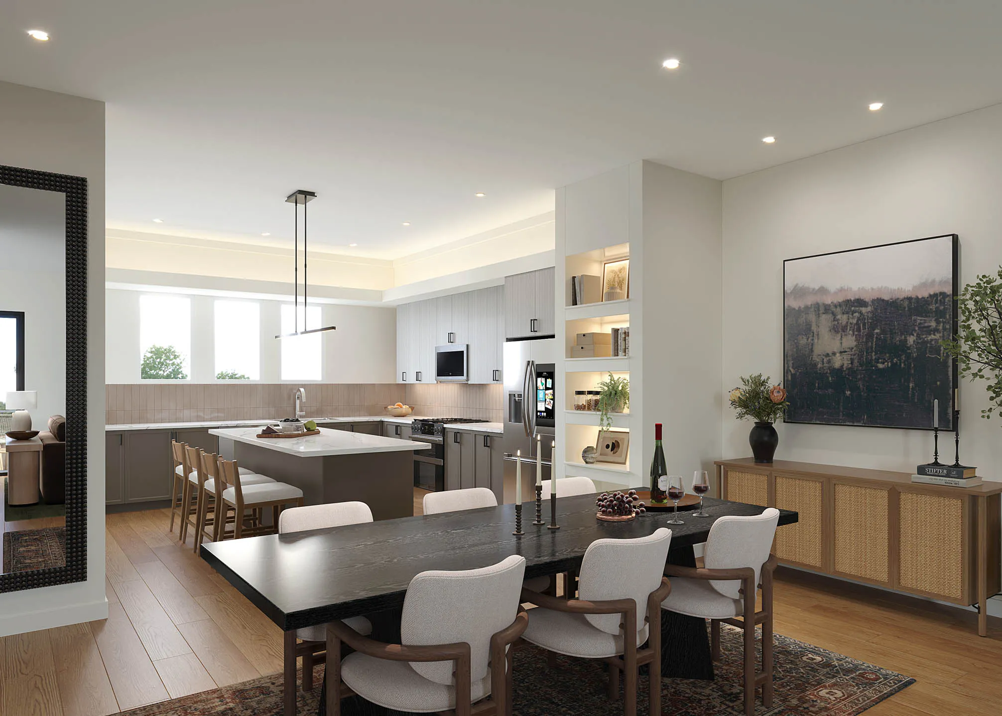 Rendering of kitchen with island with four chairs behind a dining table and six chairs at AMLI Treehouse apartments