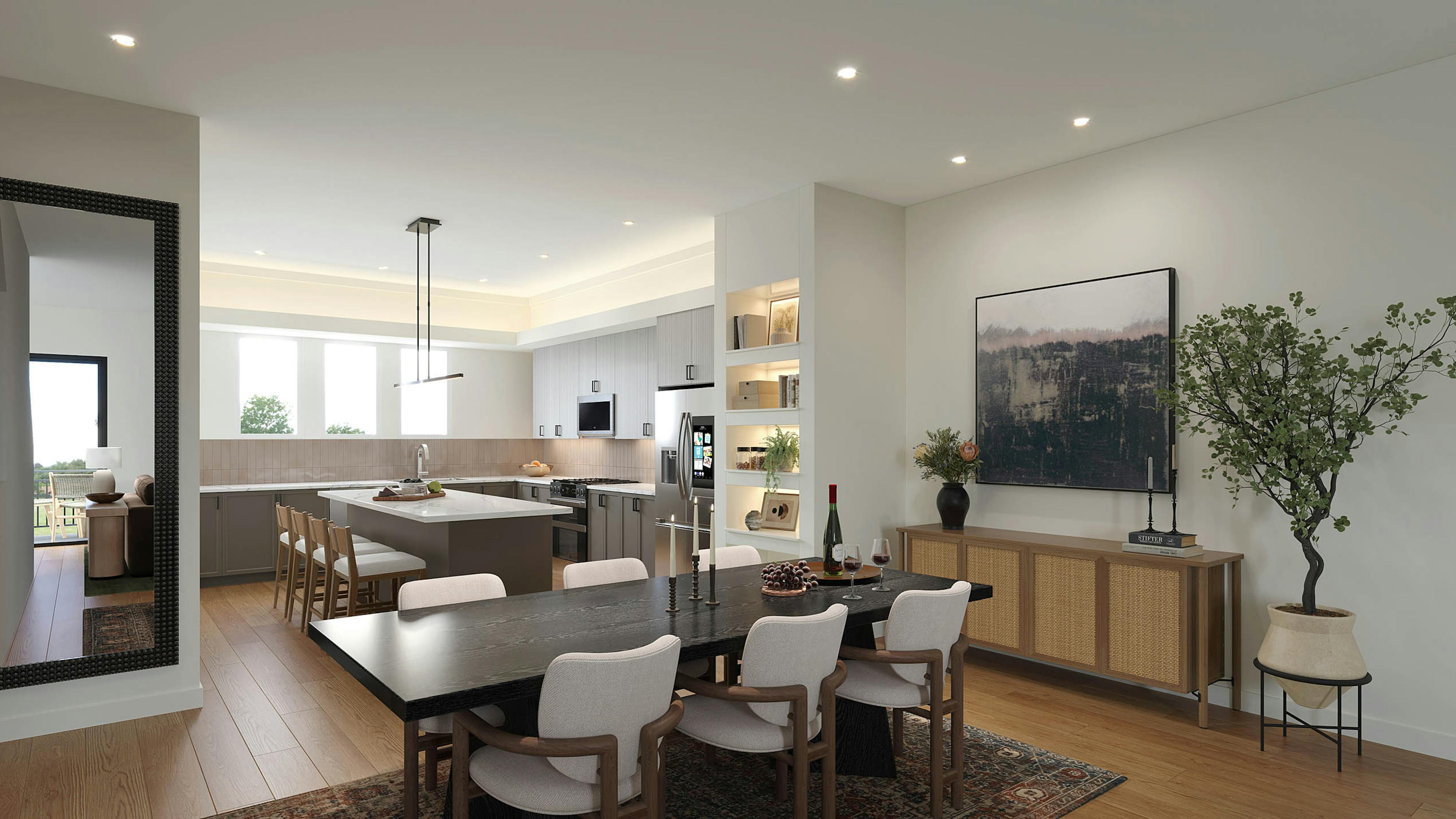 Rendering of kitchen with island with four chairs behind a dining table and six chairs at AMLI Treehouse apartments
