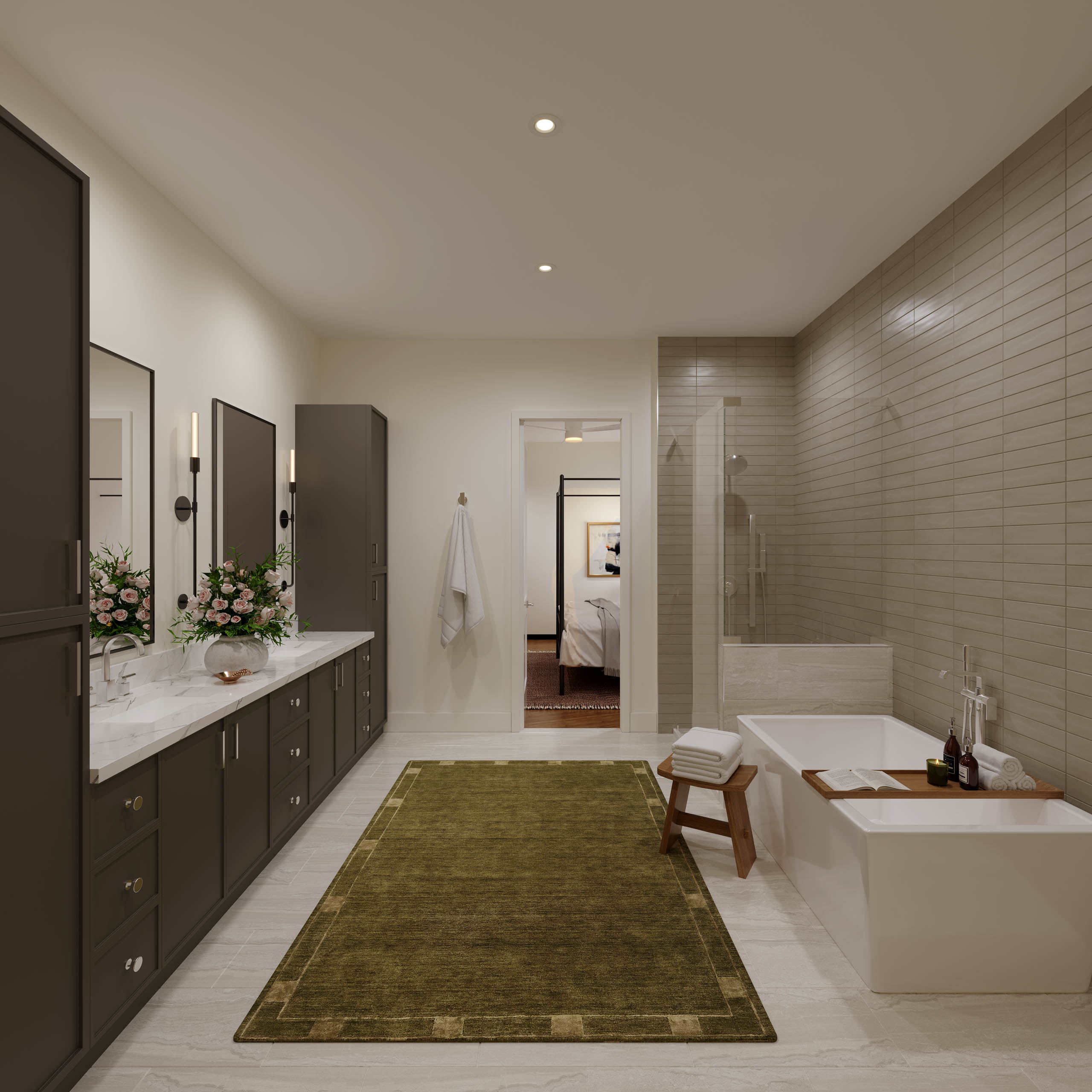 Rendering of townhome bathroom at AMLI Treehouse with soaking tub and framed shower and floor to ceiling subway tile