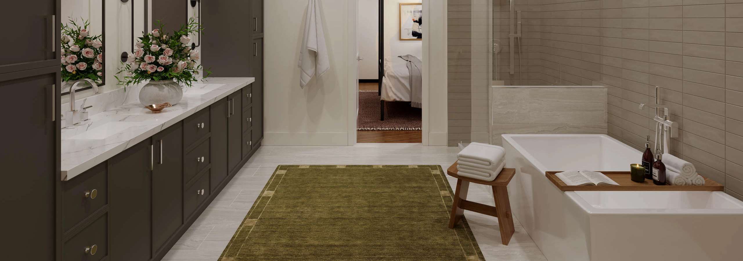 Rendering of townhome bathroom at AMLI Treehouse with soaking tub and framed shower and floor to ceiling subway tile