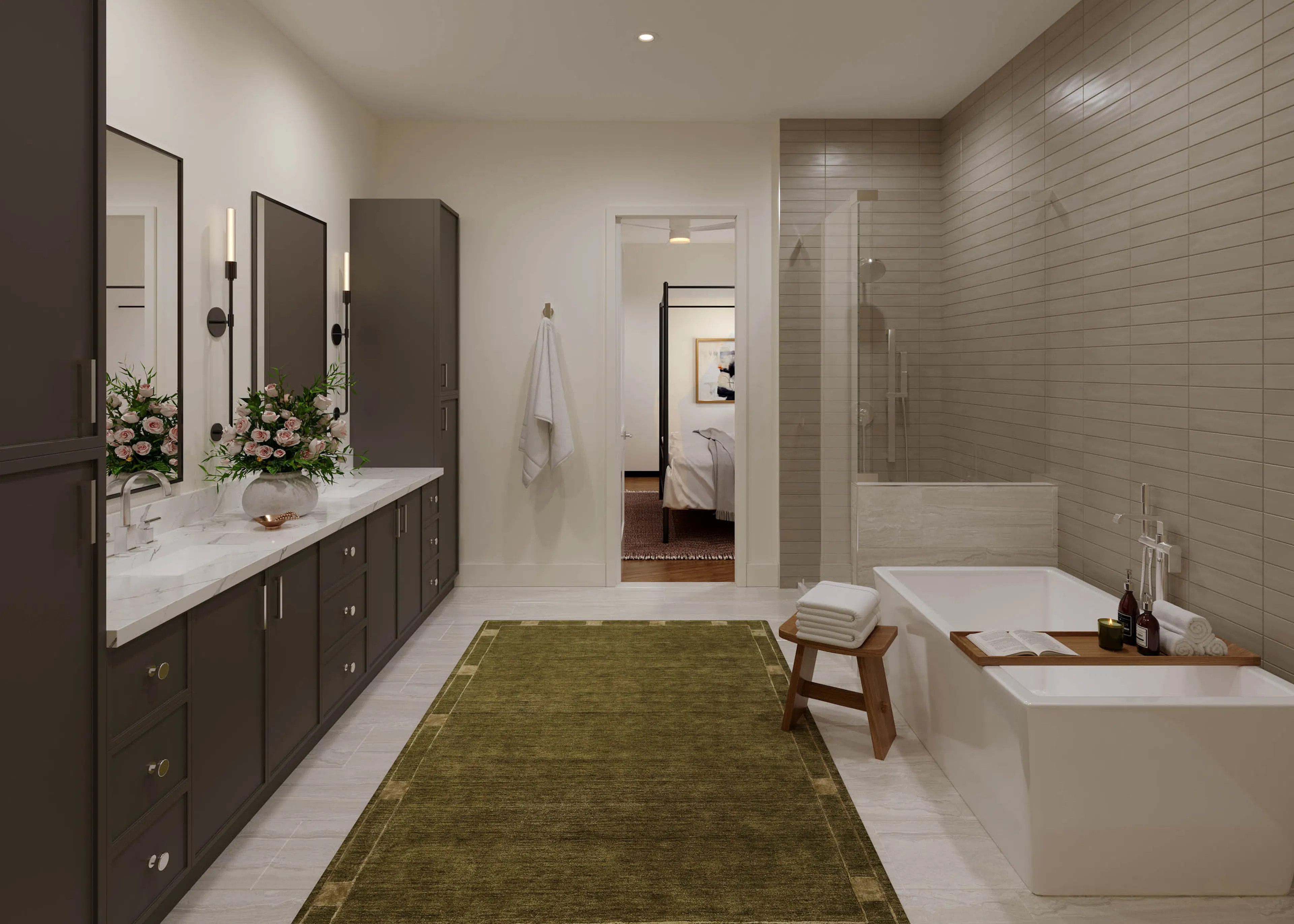 Rendering of townhome bathroom at AMLI Treehouse with soaking tub and framed shower and floor to ceiling subway tile