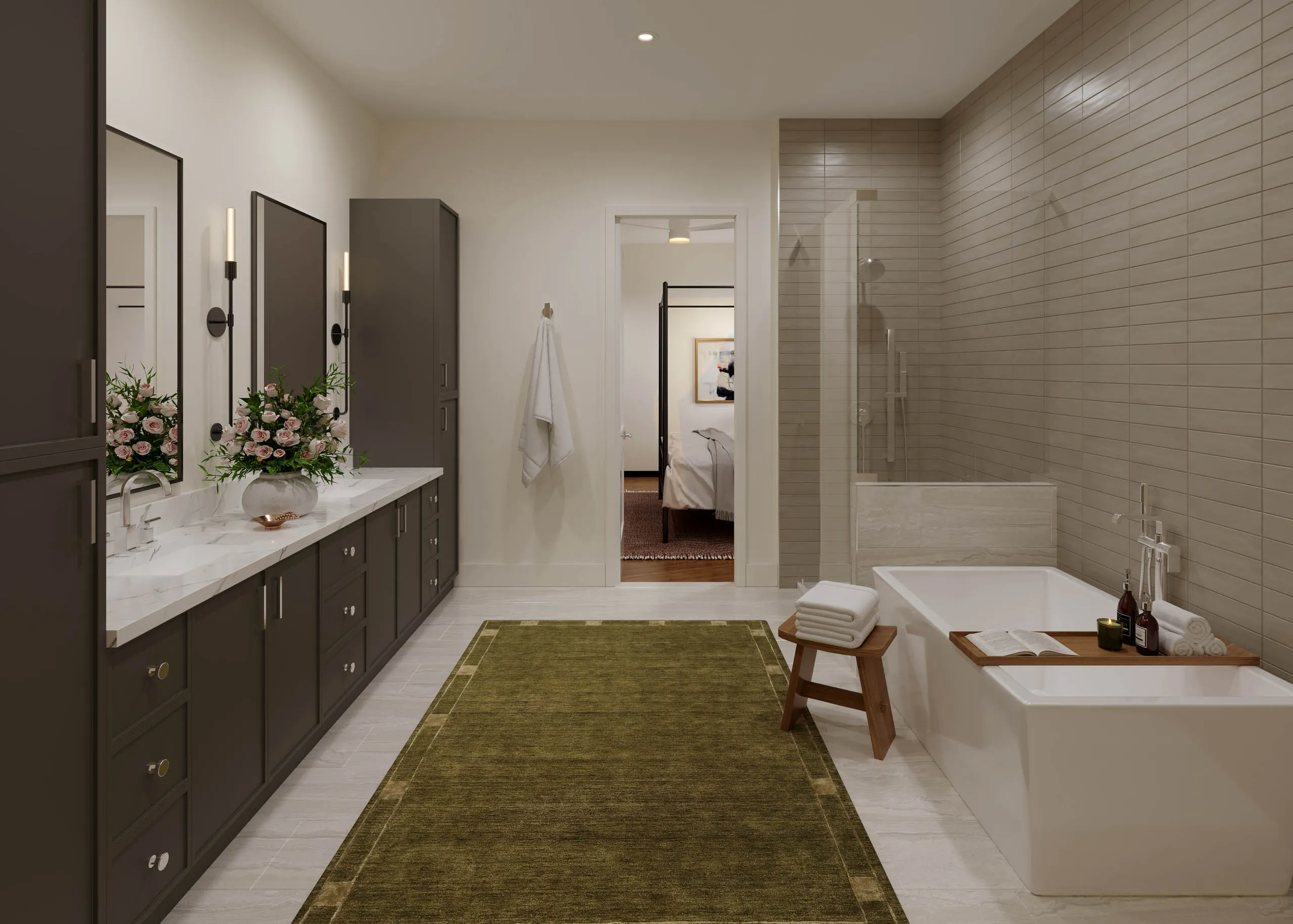 Rendering of townhome bathroom at AMLI Treehouse with soaking tub and framed shower and floor to ceiling subway tile