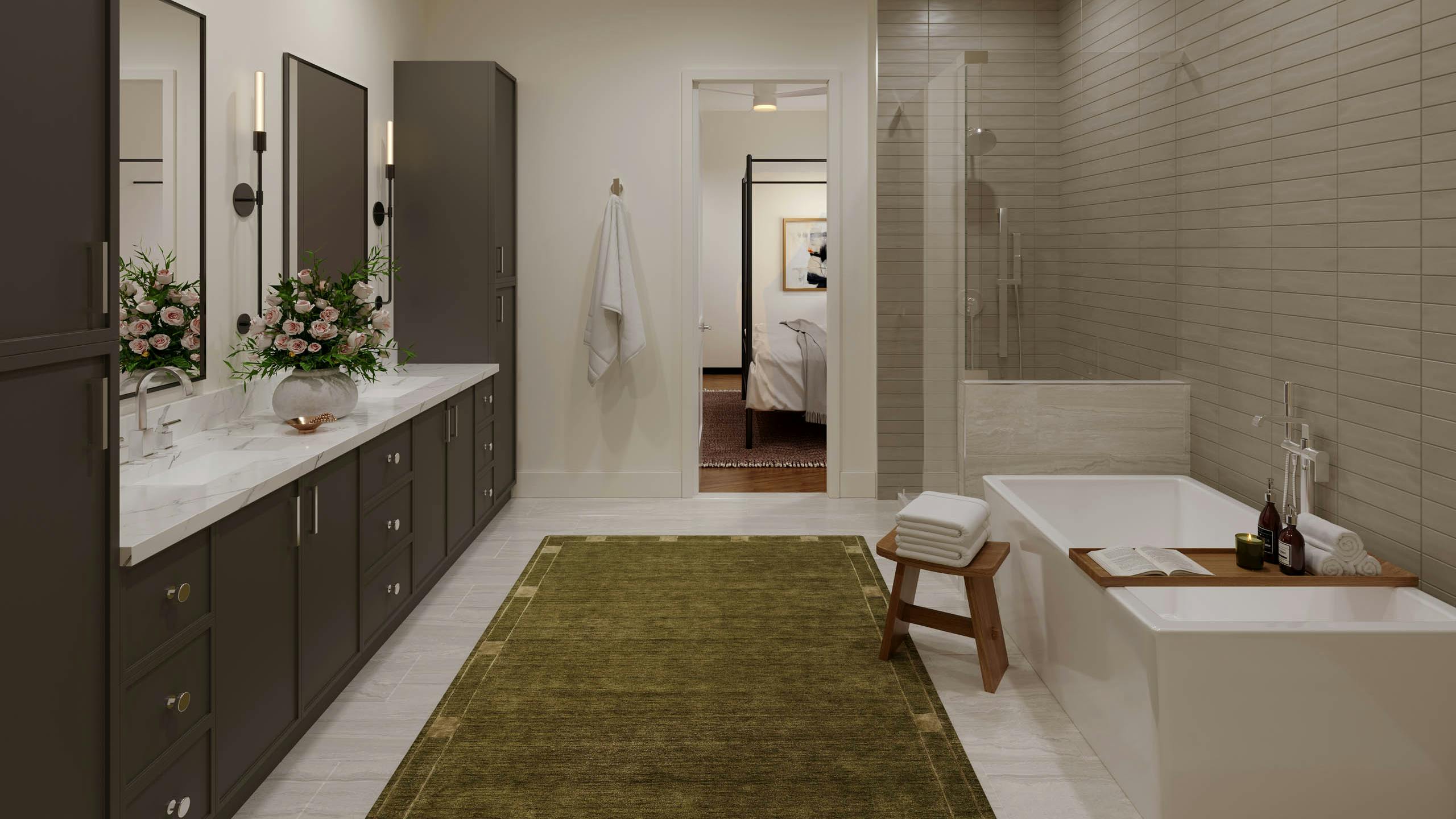 Rendering of townhome bathroom at AMLI Treehouse with soaking tub and framed shower and floor to ceiling subway tile