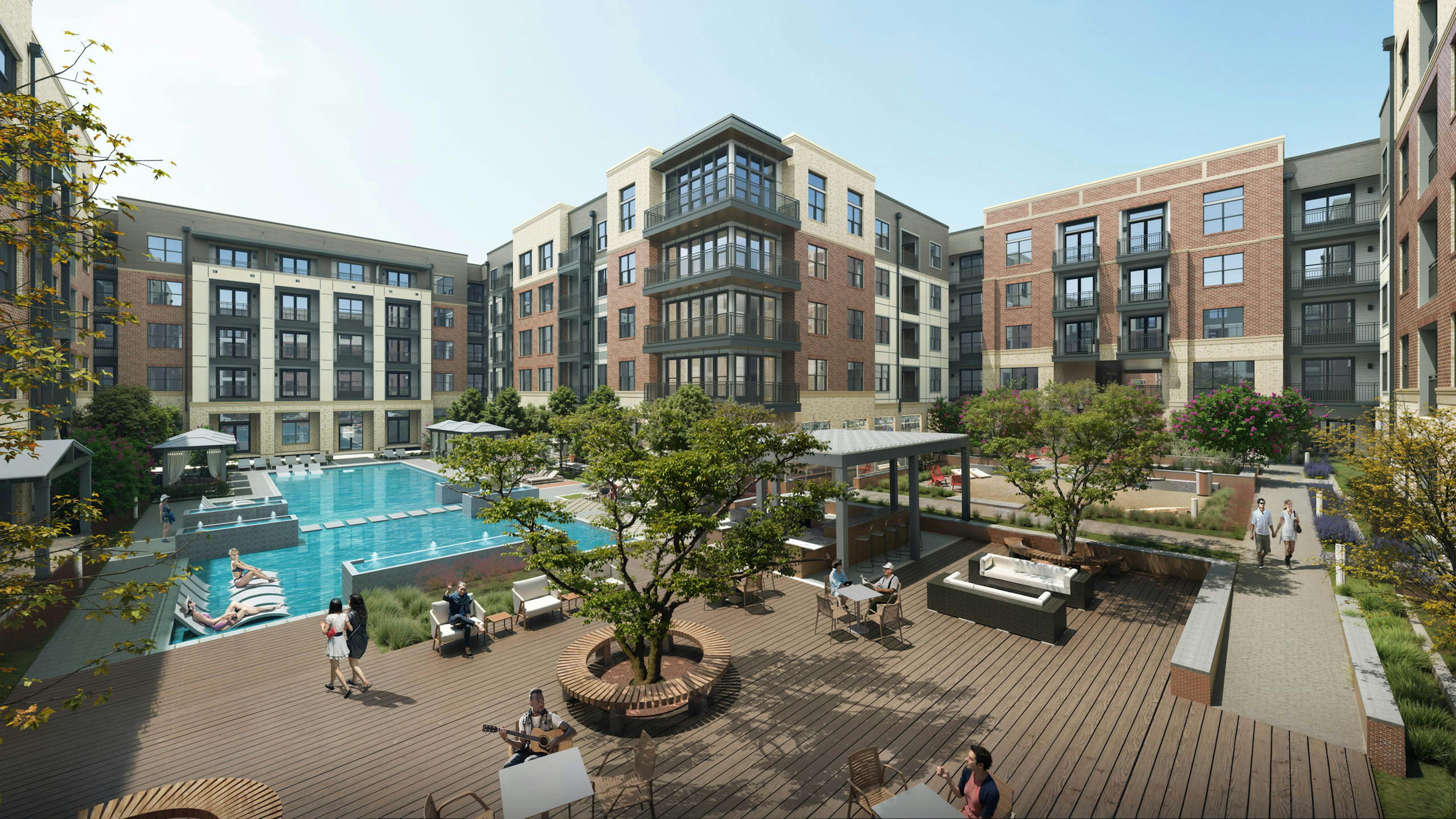 Rendering of large courtyard with pool, cabanas and wood deck surrounded by brown brick AMLI Treehouse apartment building and people 