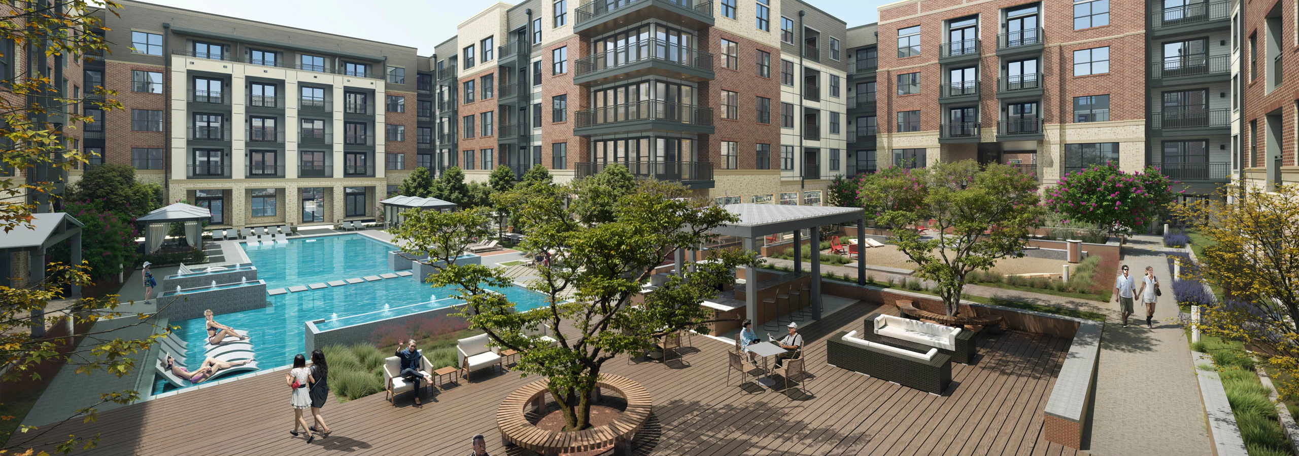 Rendering of large courtyard with pool, cabanas and wood deck surrounded by brown brick AMLI Treehouse apartment building and people