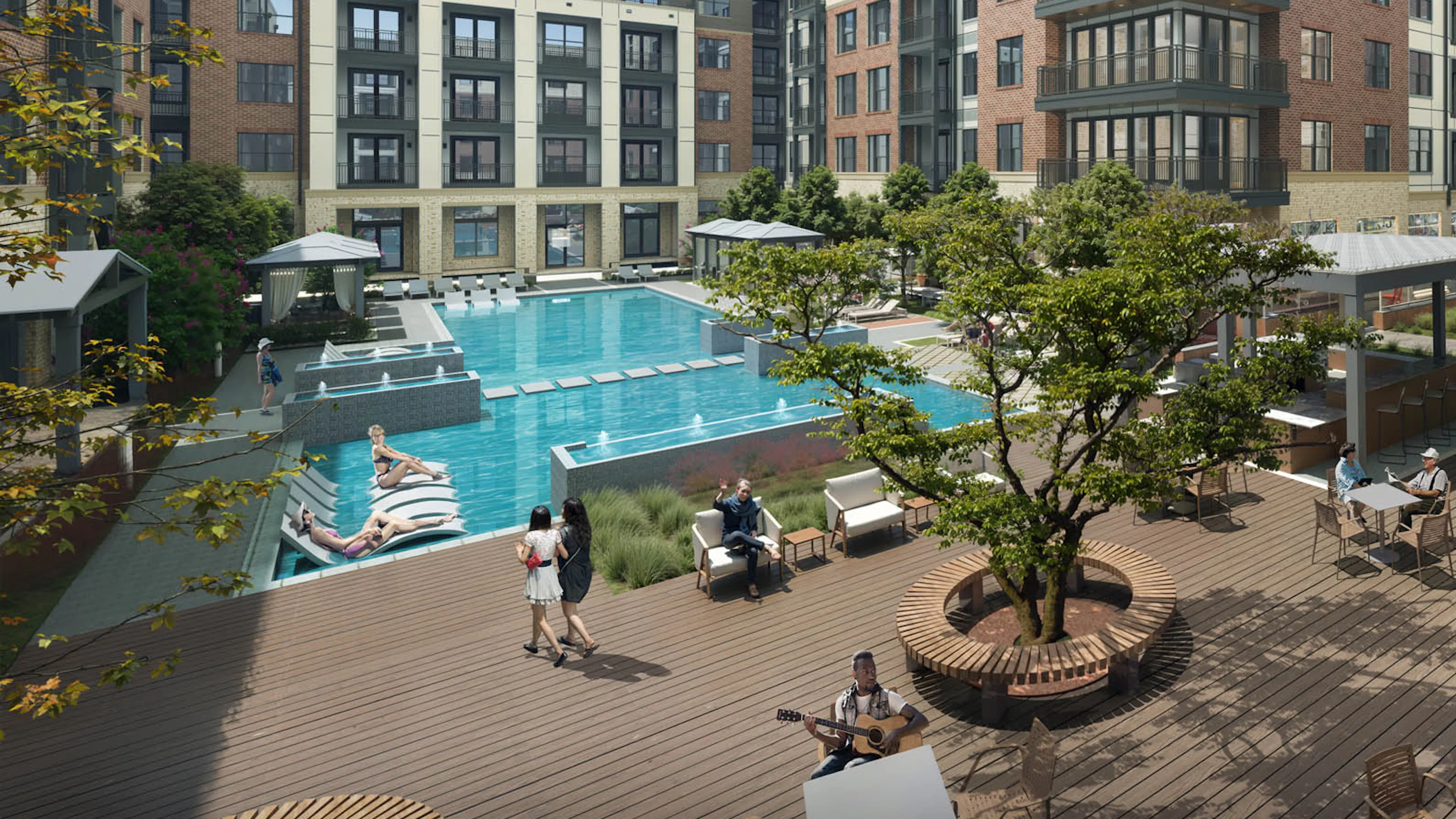 Rendering of large courtyard with pool, cabanas and wood deck surrounded by brown brick AMLI Treehouse apartment building and people 