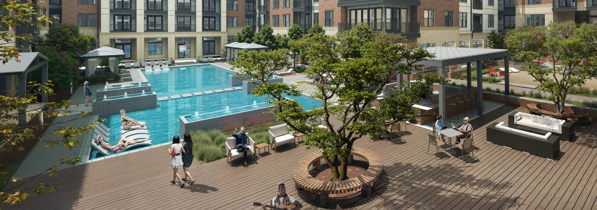 Rendering of large courtyard with pool, cabanas and wood deck surrounded by brown brick AMLI Treehouse apartment building and people