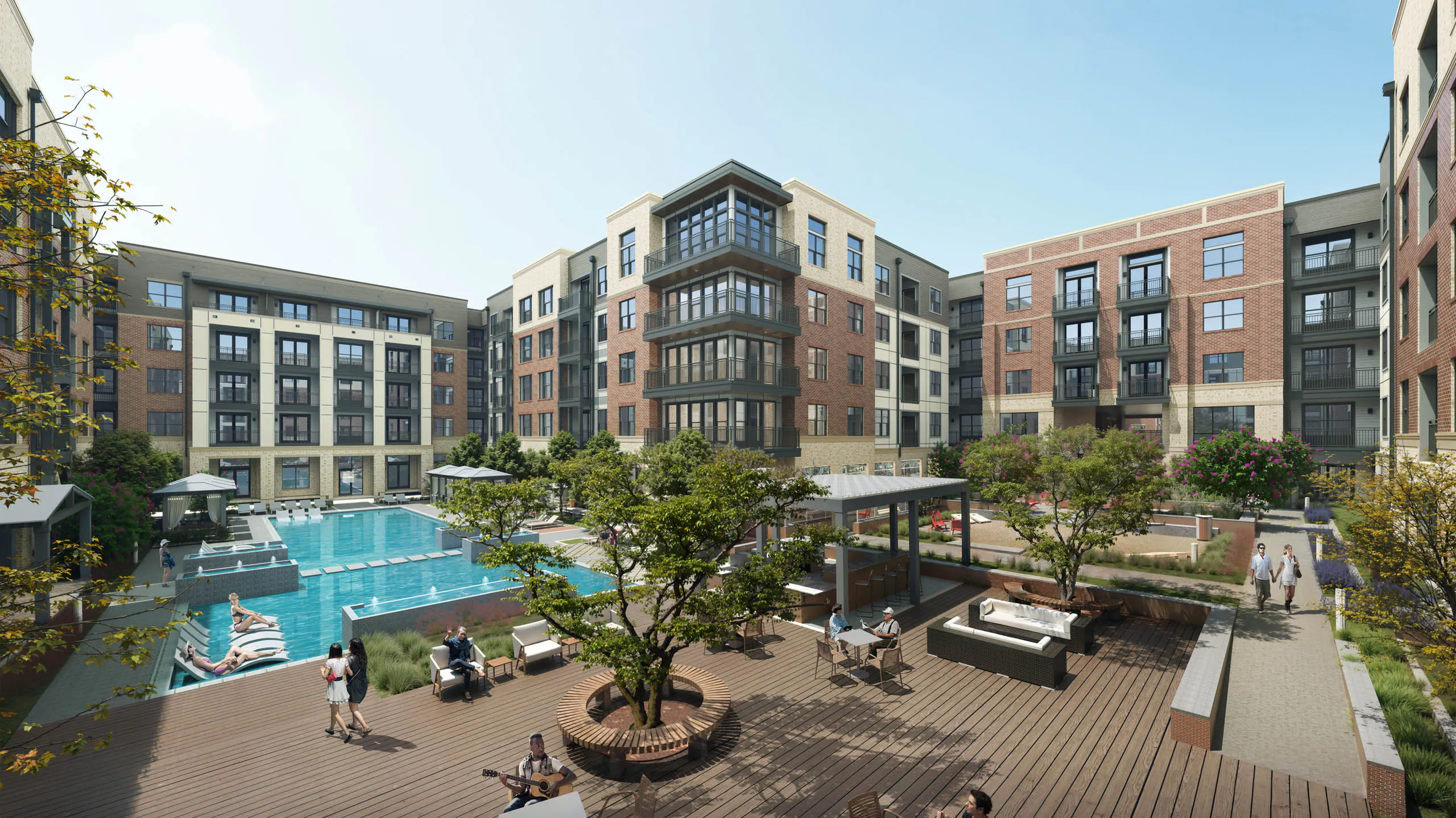 Rendering of large courtyard with pool, cabanas and wood deck surrounded by brown brick AMLI Treehouse apartment building and people