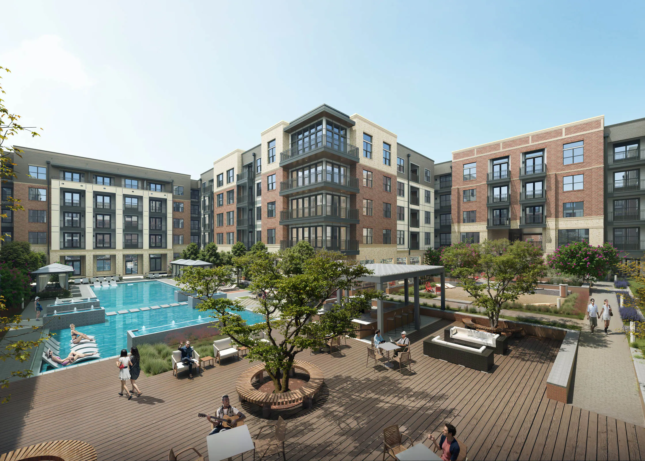 Rendering of large courtyard with pool, cabanas and wood deck surrounded by brown brick AMLI Treehouse apartment building and people