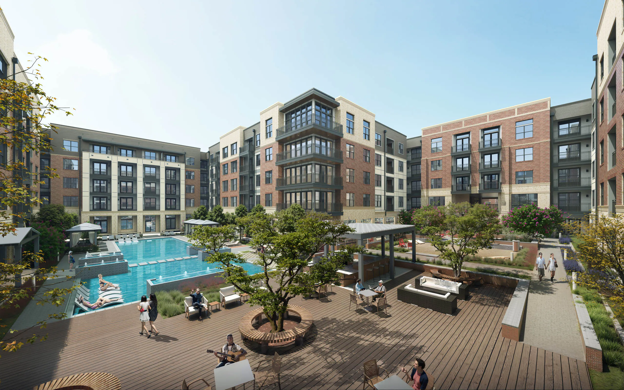 Rendering of large courtyard with pool, cabanas and wood deck surrounded by brown brick AMLI Treehouse apartment building and people
