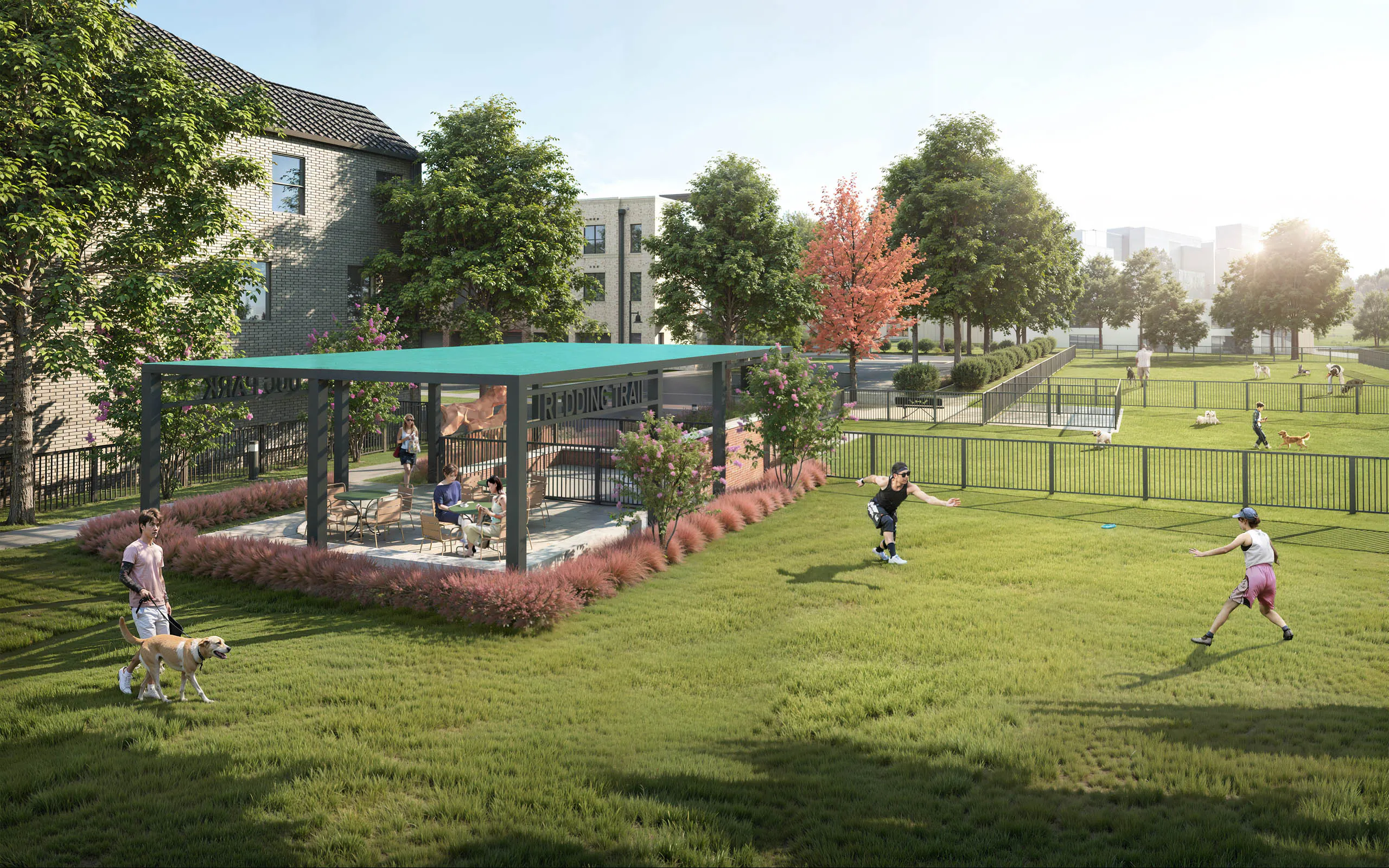 Rendering of small and large dog parks at AMLI Treehouse with large cabana with tables and chairs and people outside with their dogs