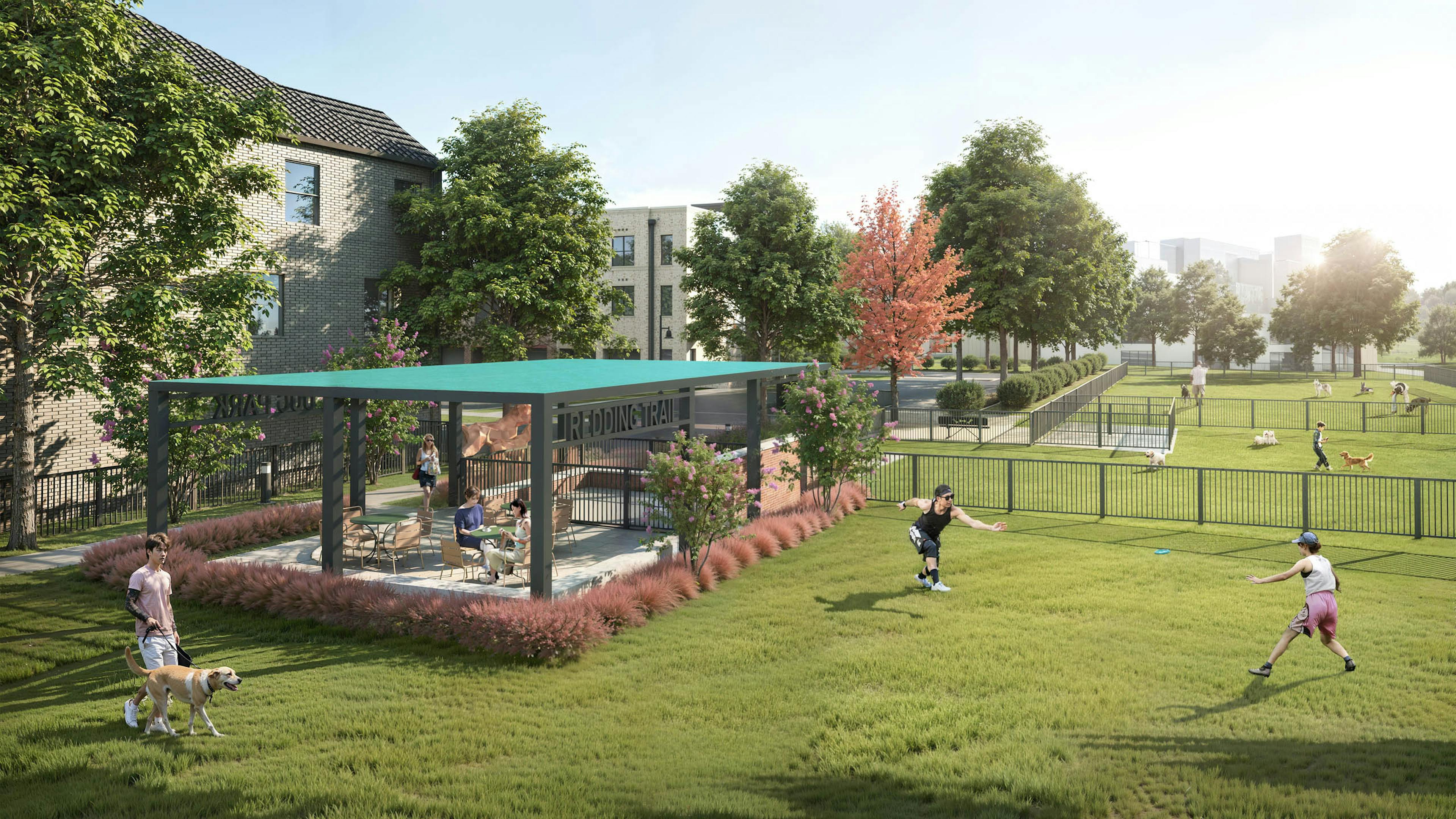 Rendering of small and large dog parks at AMLI Treehouse with large cabana with tables and chairs and people outside with their dogs