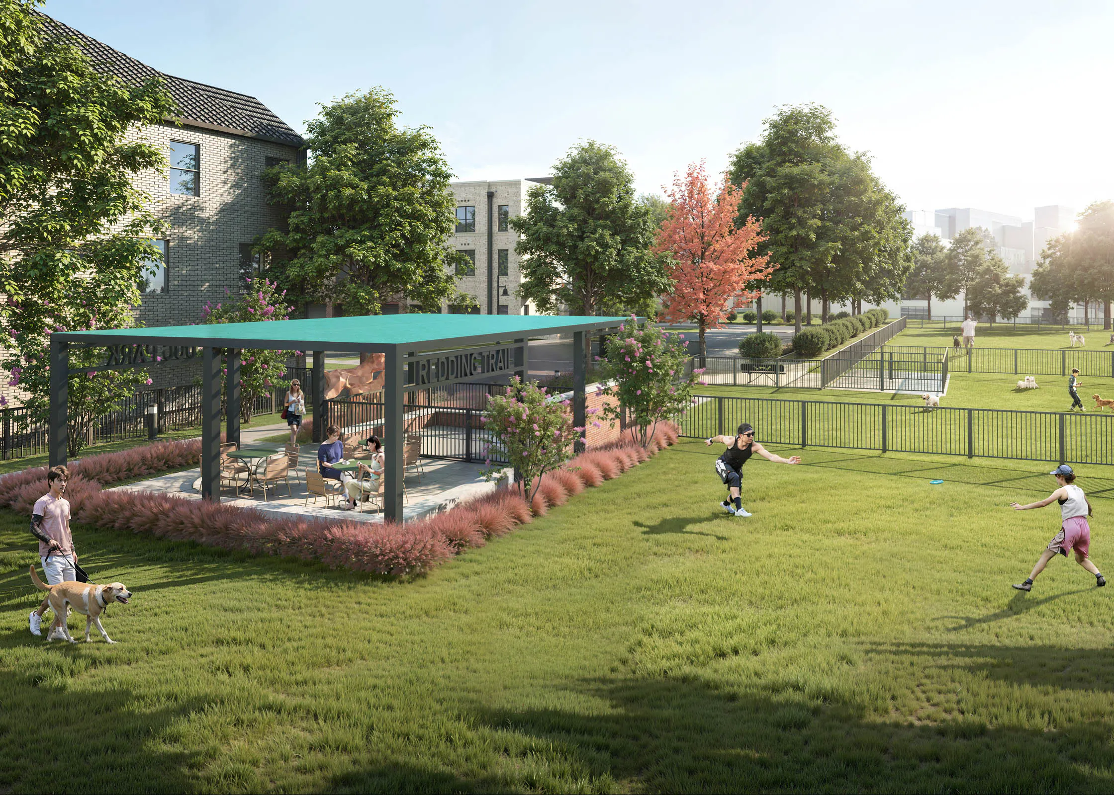 Rendering of small and large dog parks at AMLI Treehouse with large cabana with tables and chairs and people outside with their dogs