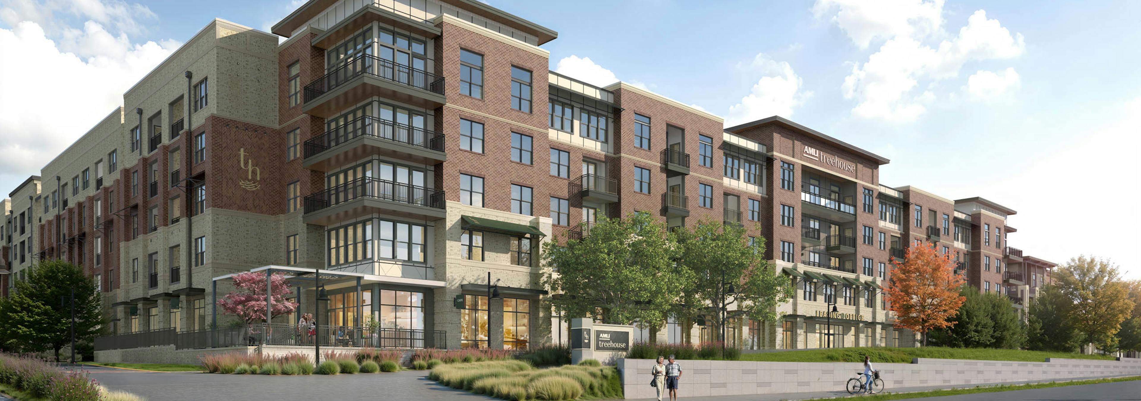 Exterior rendering of the front of AMLI Treehouse with brick and stone, balconies, parking, and a sidewalk with people.