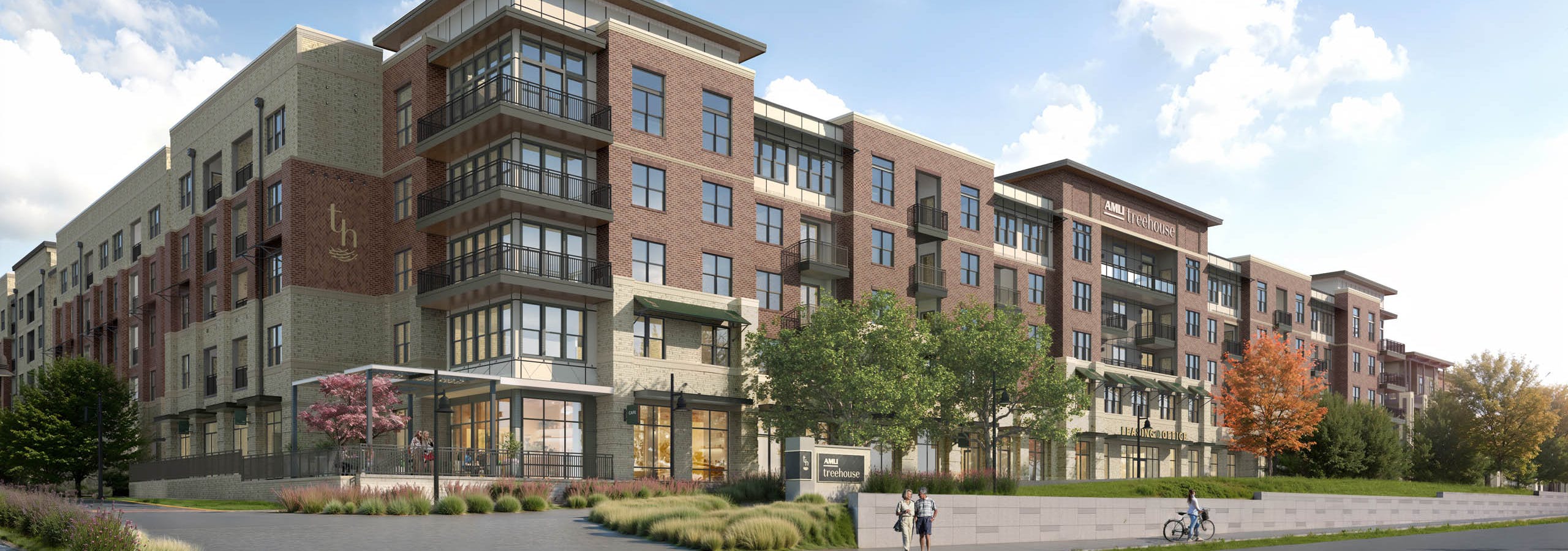 Exterior rendering of the front of AMLI Treehouse with brick and stone, balconies, parking, and a sidewalk with people.