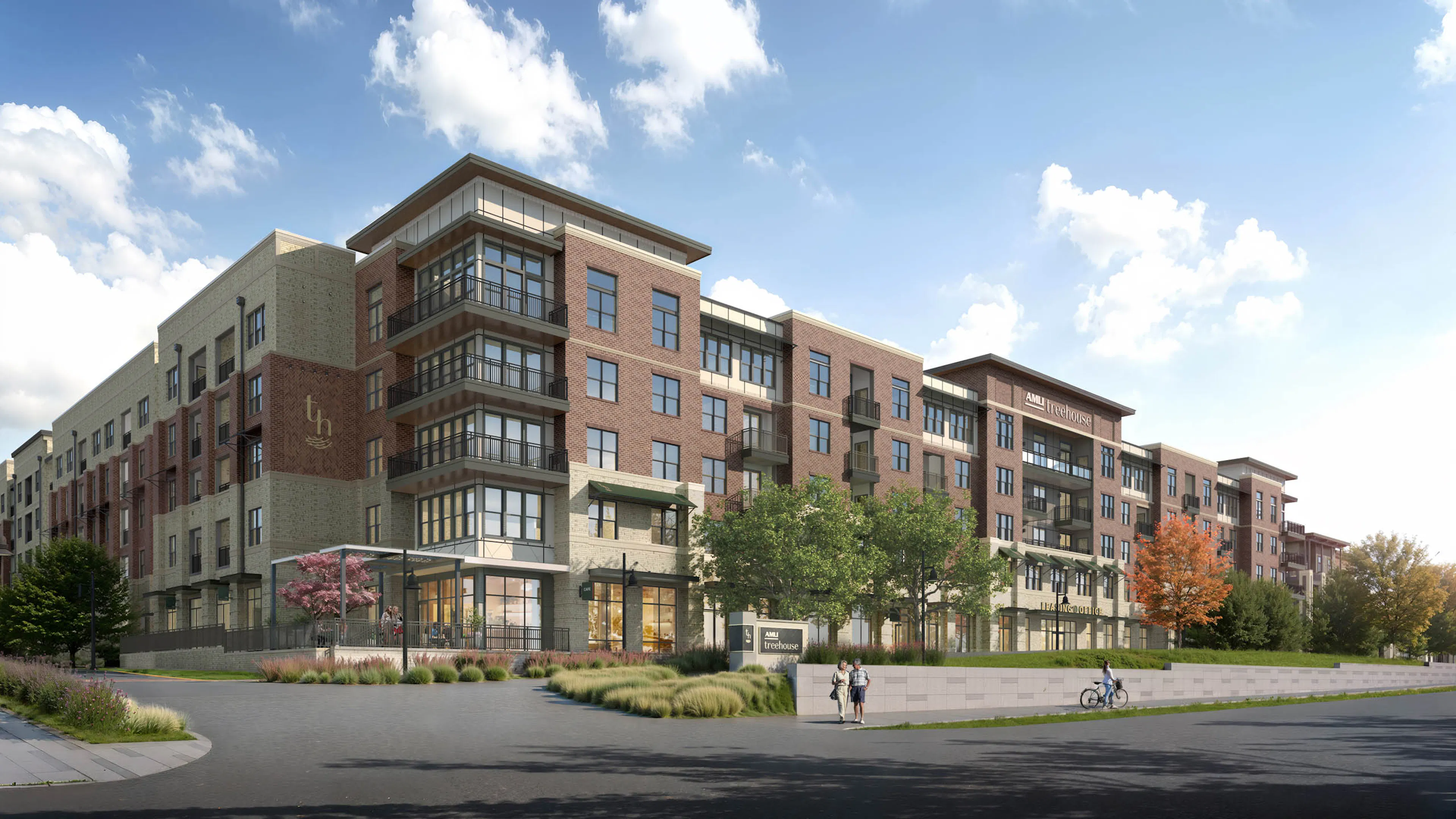 Exterior rendering of the front of AMLI Treehouse with brick and stone, balconies, parking, and a sidewalk with people.