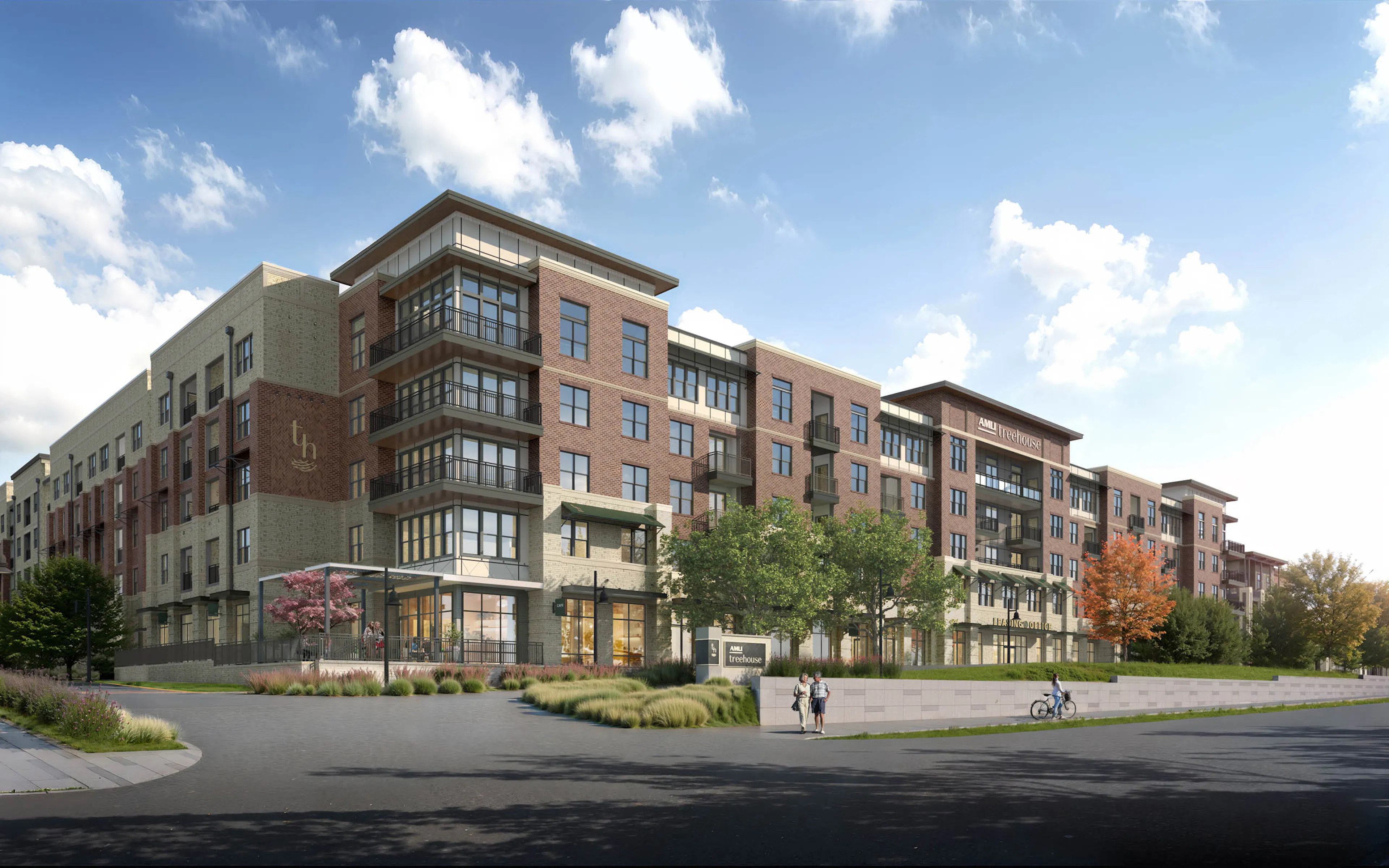 Exterior rendering of the front of AMLI Treehouse with brick and stone, balconies, parking, and a sidewalk with people.