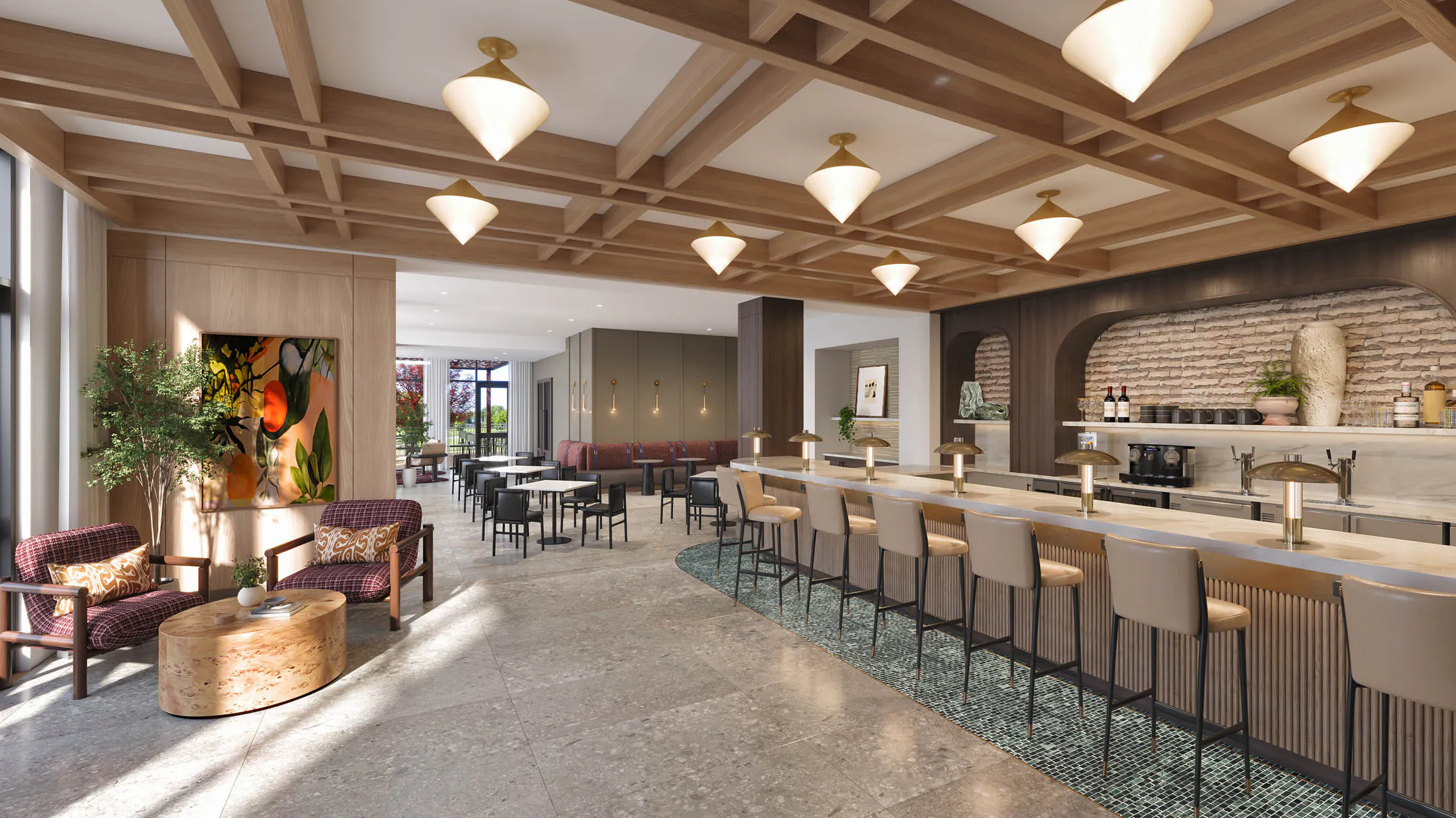 Rendering of café and wine bar at AMLI Treehouse featuring modern design and bar top with several bar stools and restaurant seating