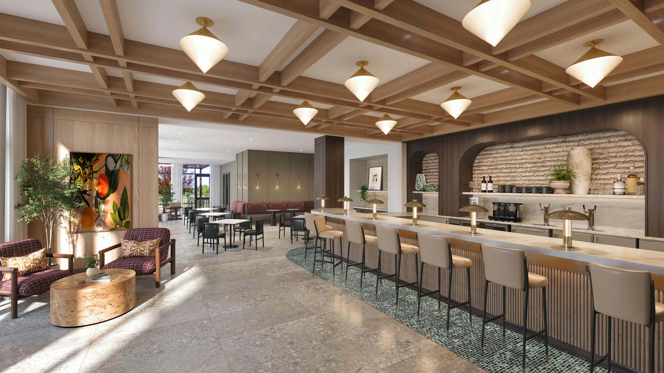 Rendering of café and wine bar at AMLI Treehouse featuring modern design and bar top with several bar stools and restaurant seating