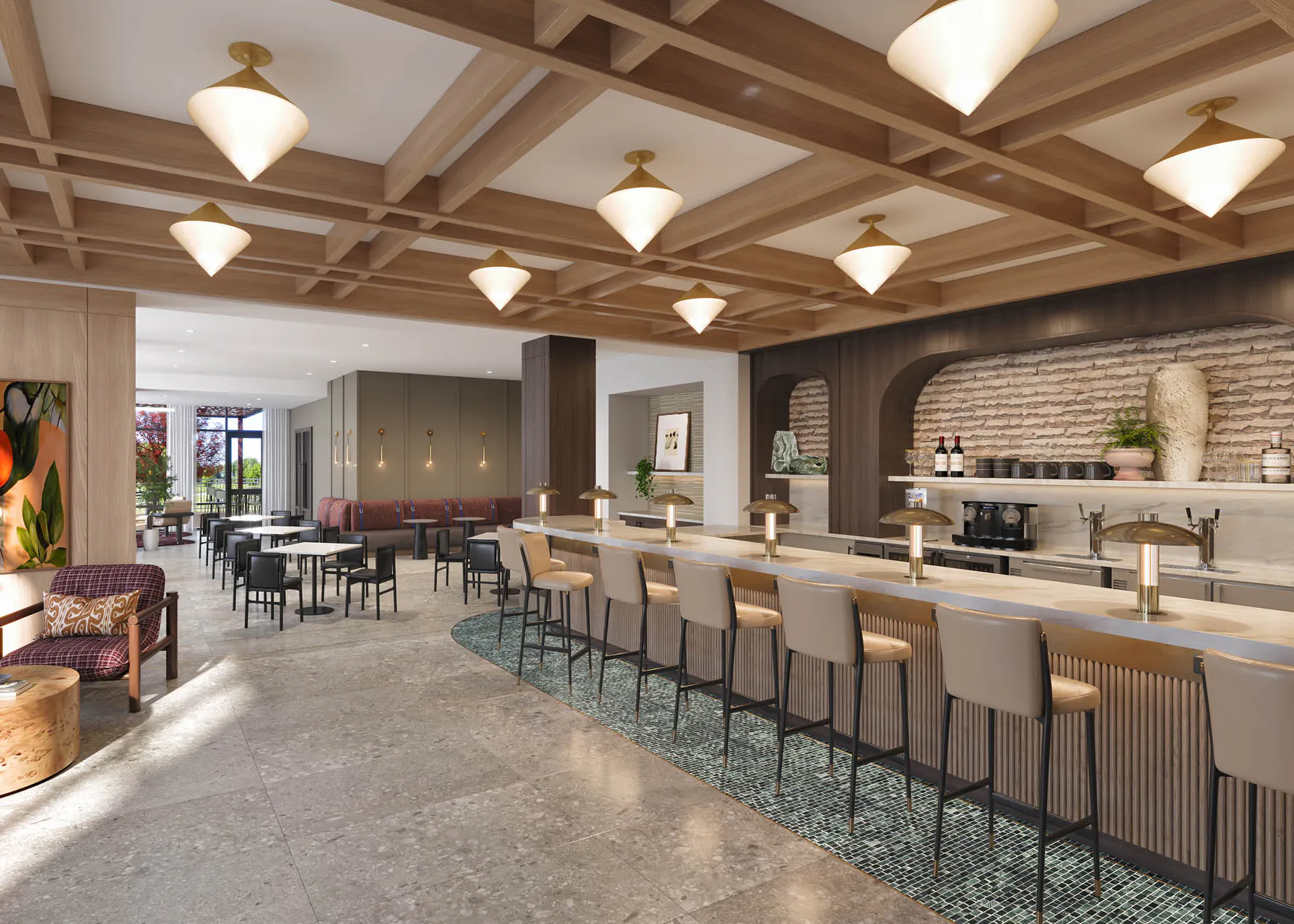 Rendering of café and wine bar at AMLI Treehouse featuring modern design and bar top with several bar stools and restaurant seating