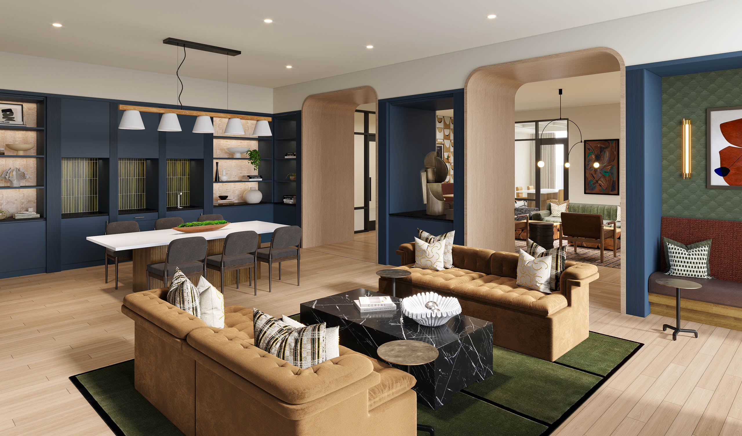 AMLI Treehouse cowork lounge rendering with couch seating with coffee table and long table with several chairs and coffee machine