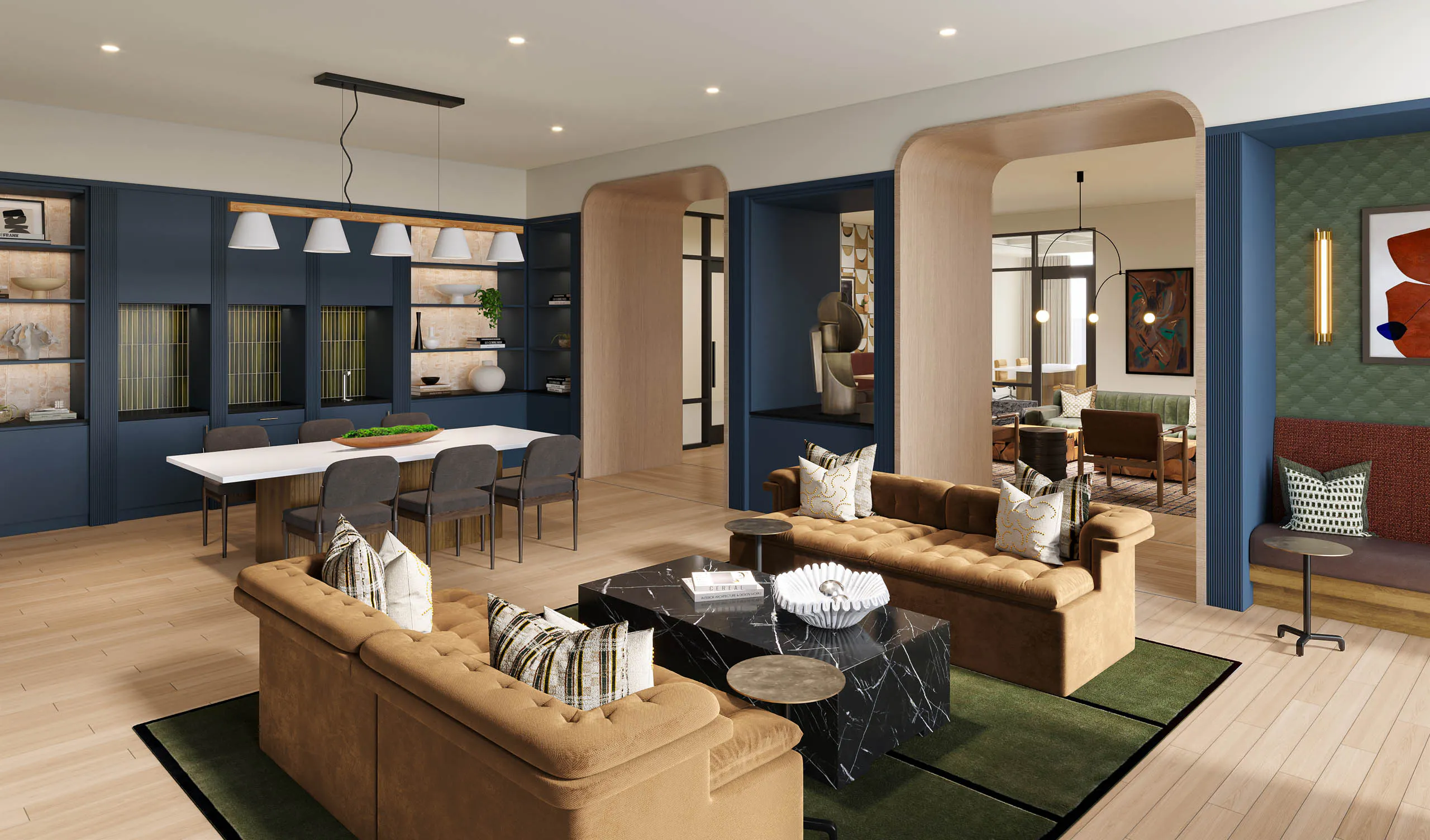 AMLI Treehouse cowork lounge rendering with couch seating with coffee table and long table with several chairs and coffee machine