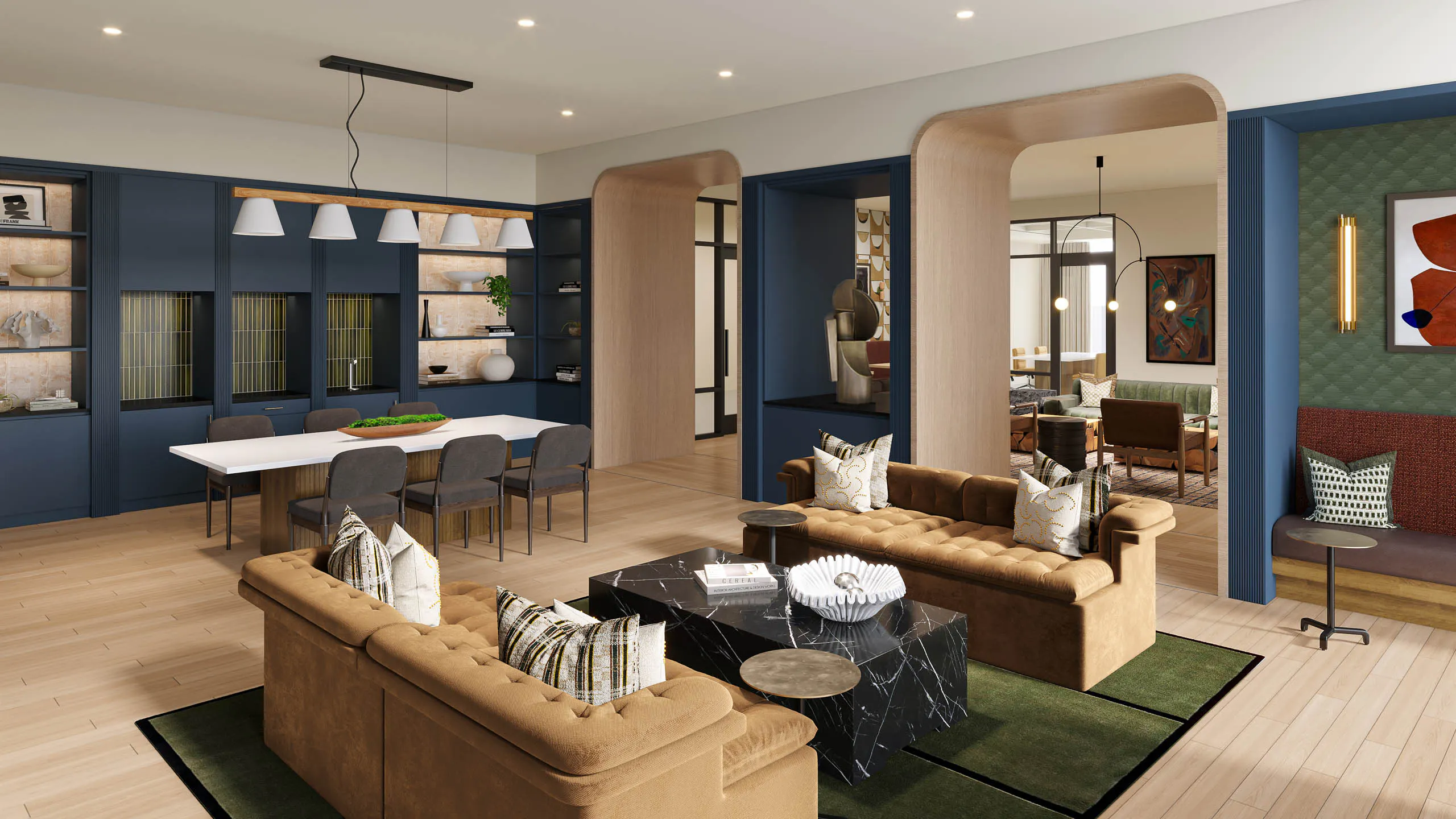 AMLI Treehouse cowork lounge rendering with couch seating with coffee table and long table with several chairs and coffee machine
