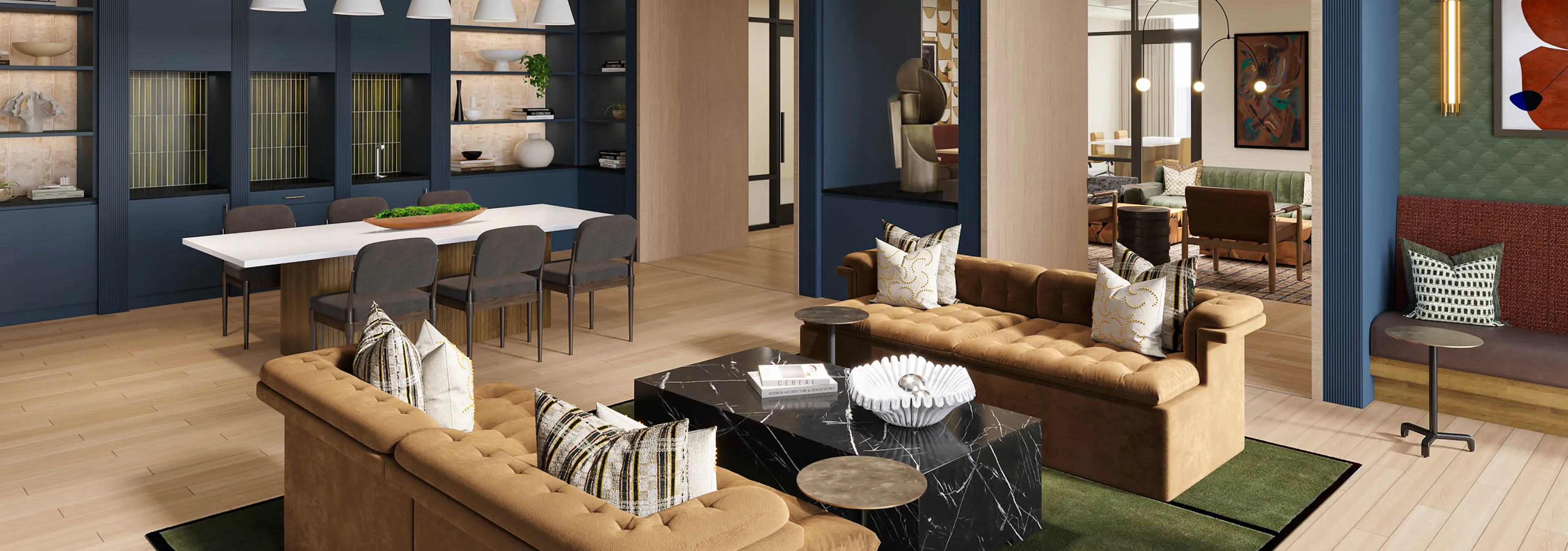 AMLI Treehouse cowork lounge rendering with couch seating with coffee table and long table with several chairs and coffee machine