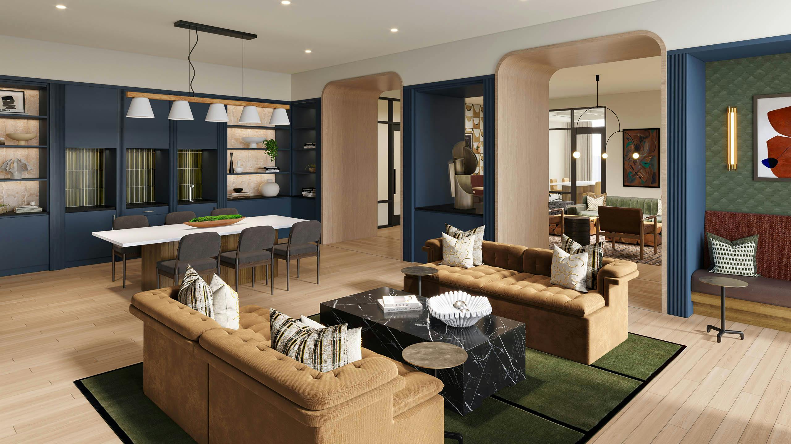 AMLI Treehouse cowork lounge rendering with couch seating with coffee table and long table with several chairs and coffee machine