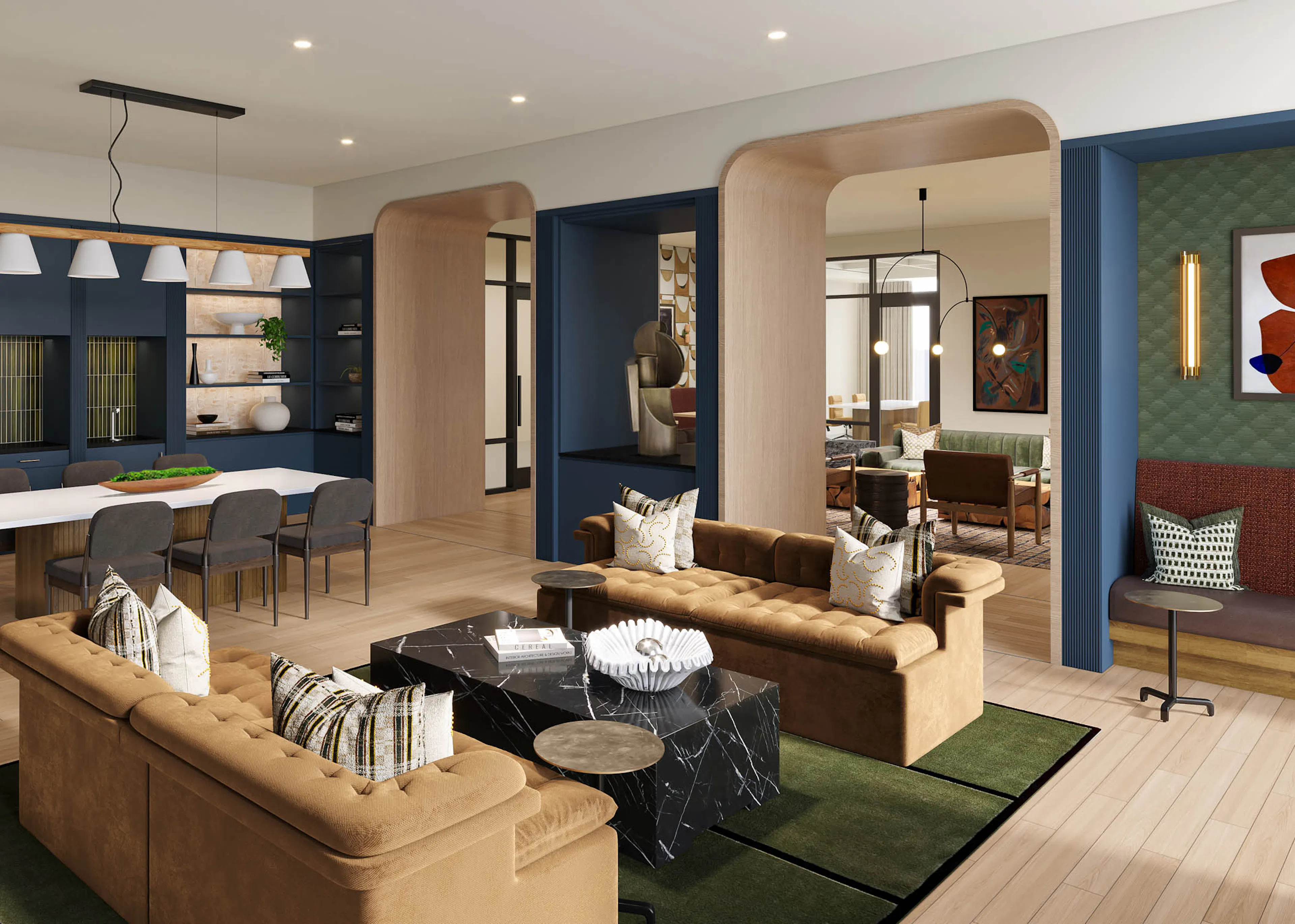 AMLI Treehouse cowork lounge rendering with couch seating with coffee table and long table with several chairs and coffee machine