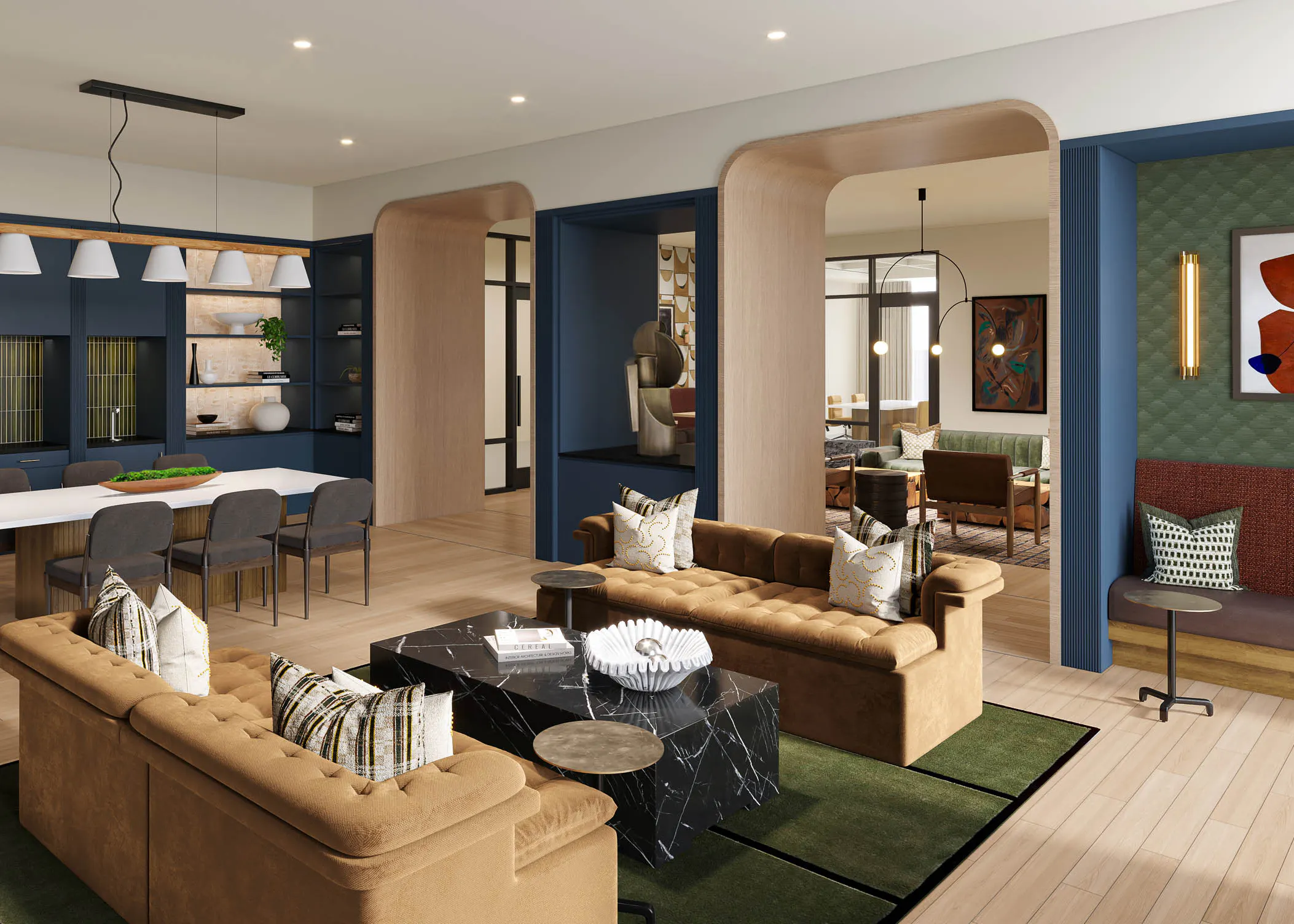 AMLI Treehouse cowork lounge rendering with couch seating with coffee table and long table with several chairs and coffee machine