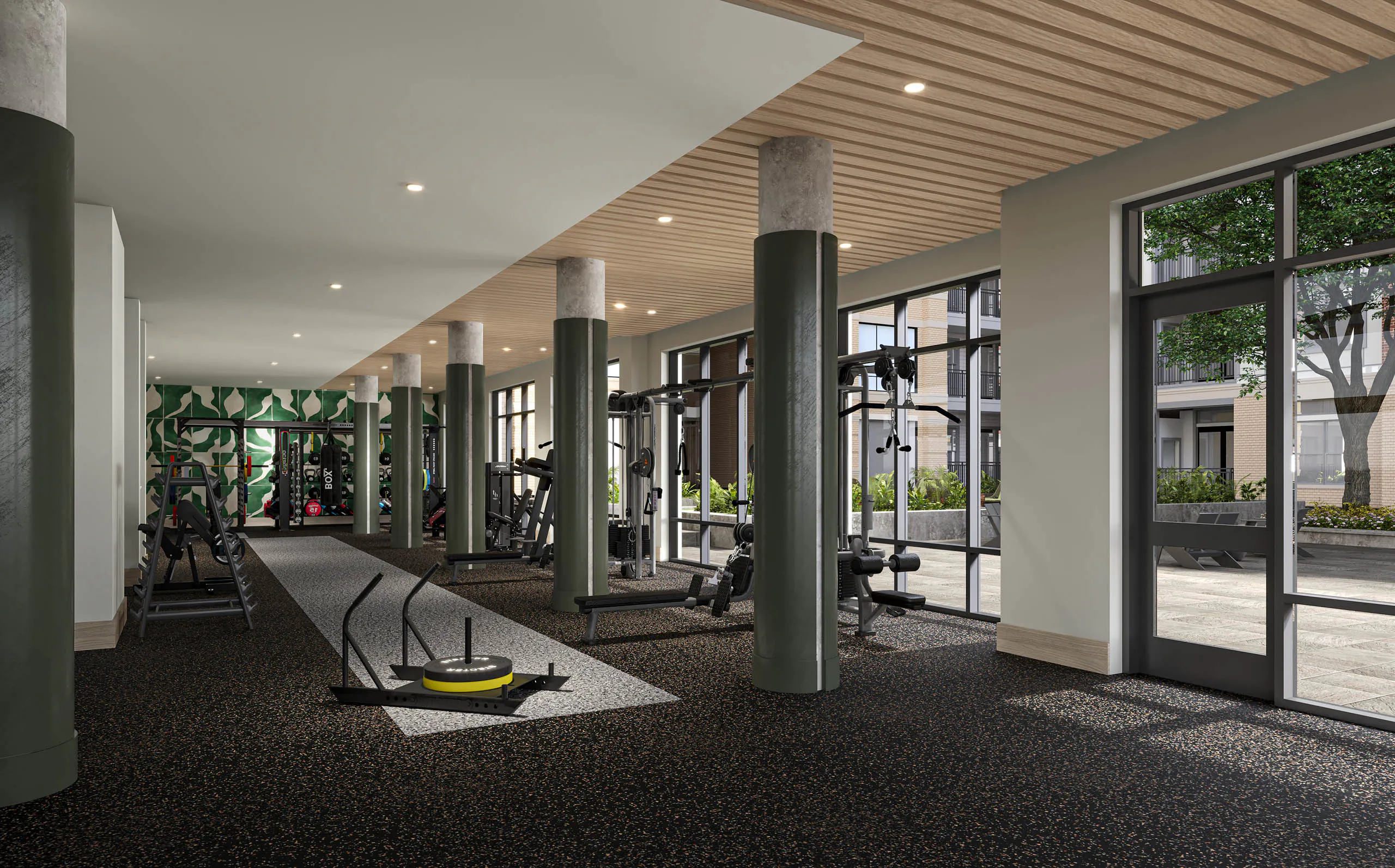 Rendering of view of AMLI Treehouse fitness center with columns and natural light with workout machines and free weights