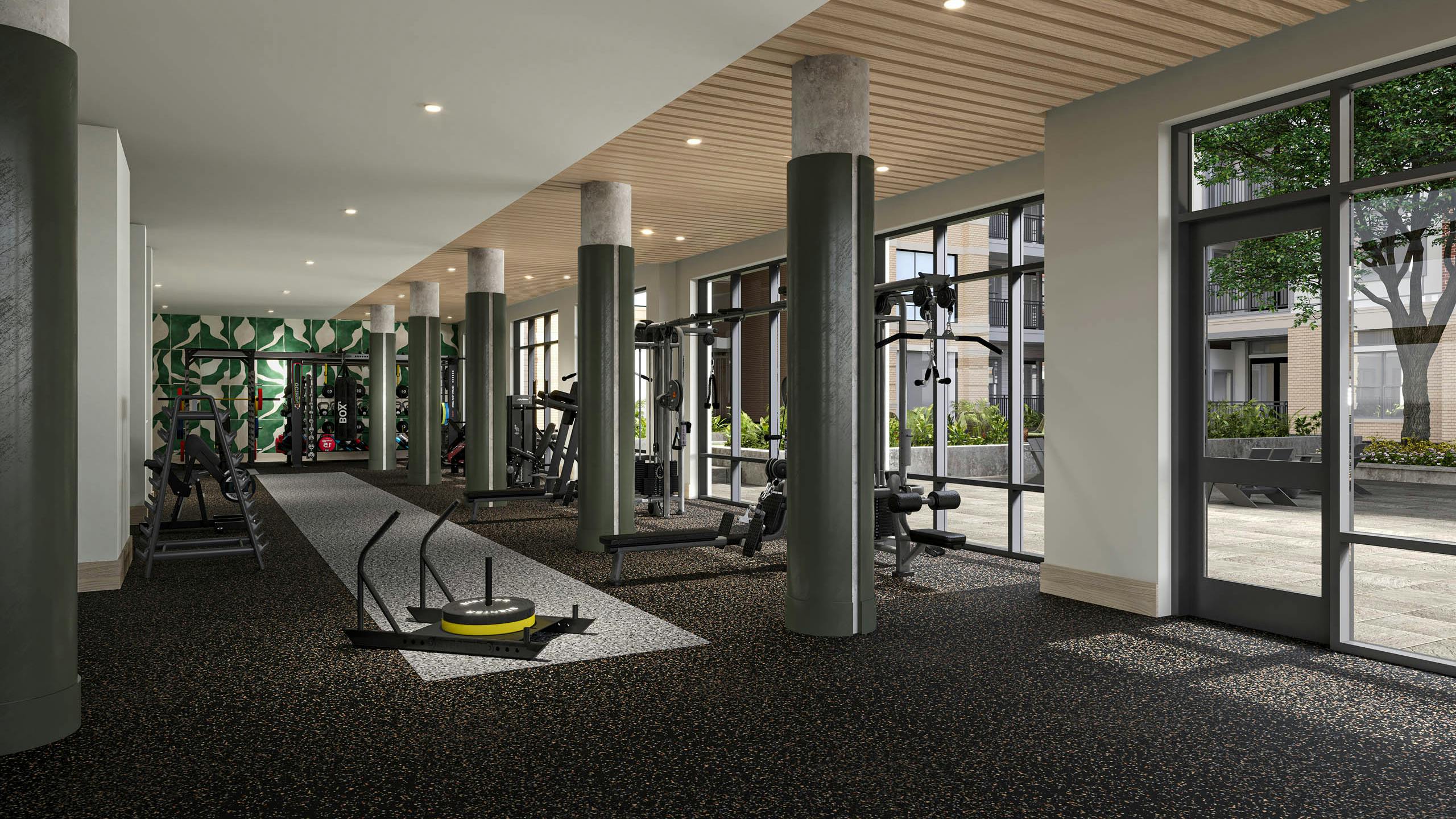 Rendering of view of AMLI Treehouse fitness center with columns and natural light with workout machines and free weights
