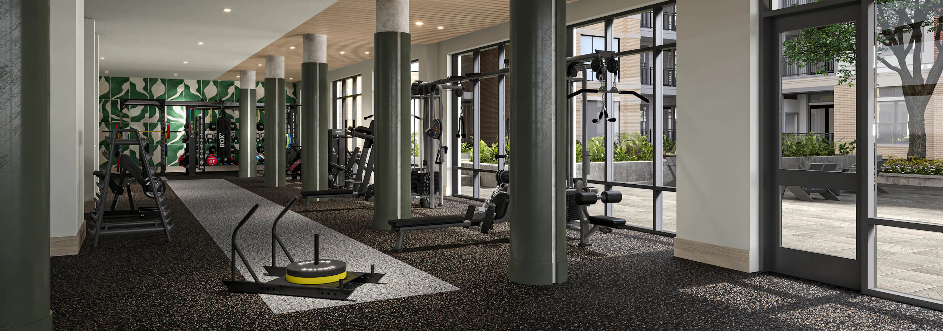 Rendering of view of AMLI Treehouse fitness center with columns and natural light with workout machines and free weights