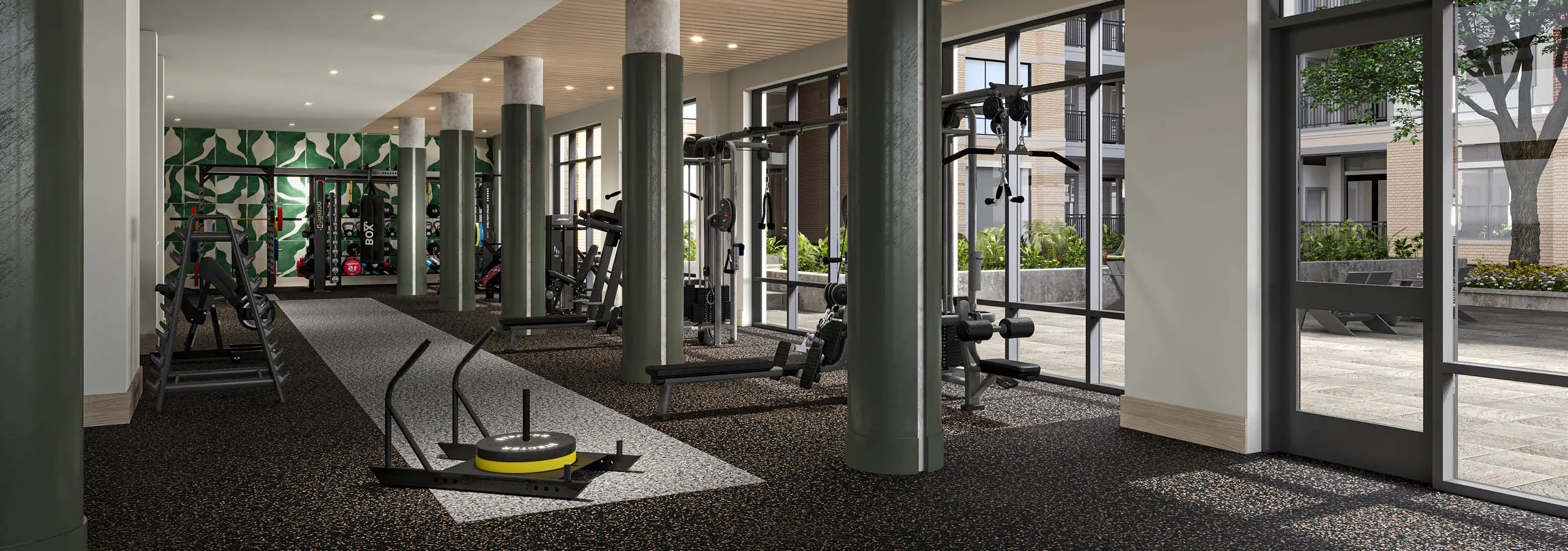 Rendering of view of AMLI Treehouse fitness center with columns and natural light with workout machines and free weights