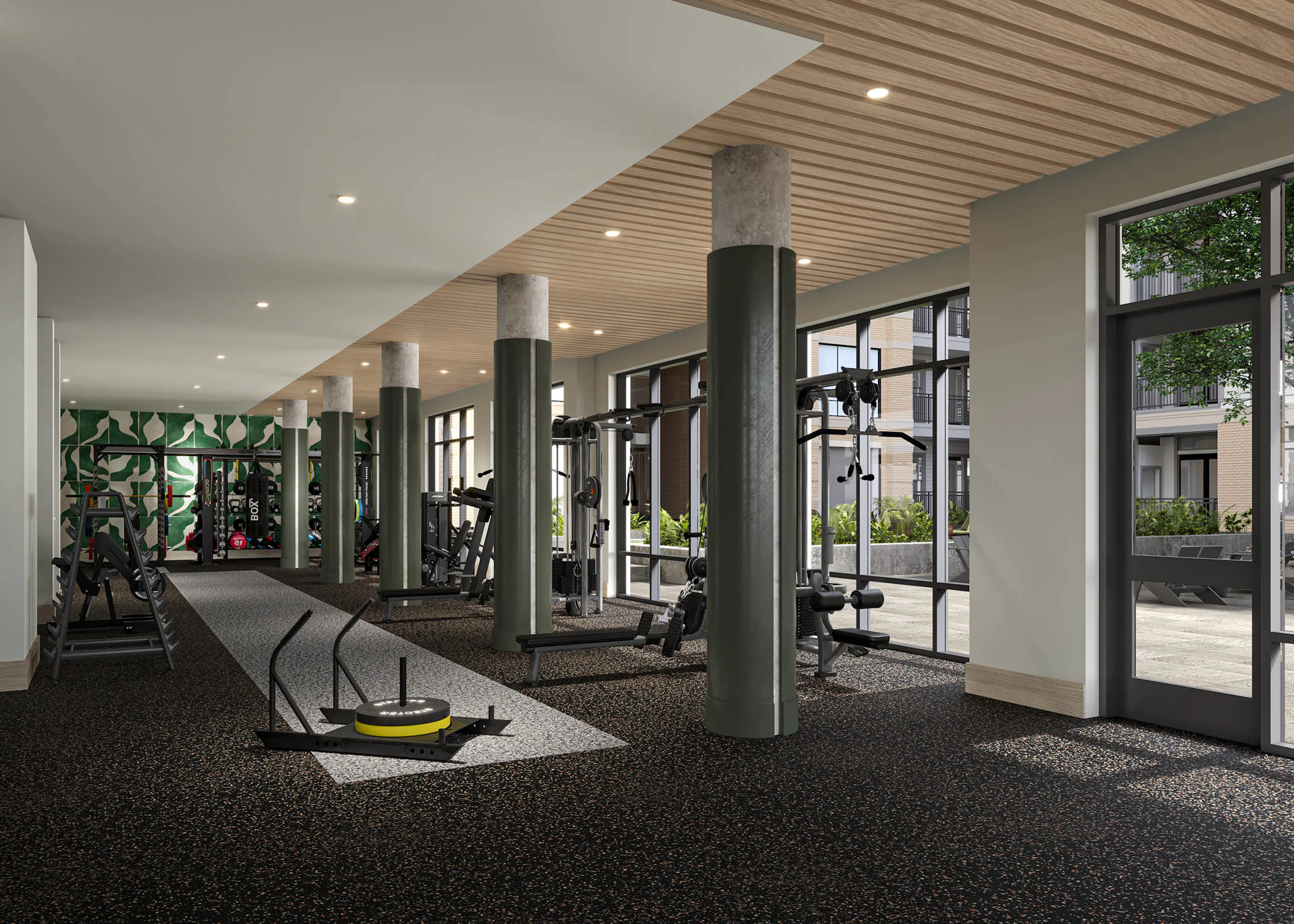 Rendering of view of AMLI Treehouse fitness center with columns and natural light with workout machines and free weights