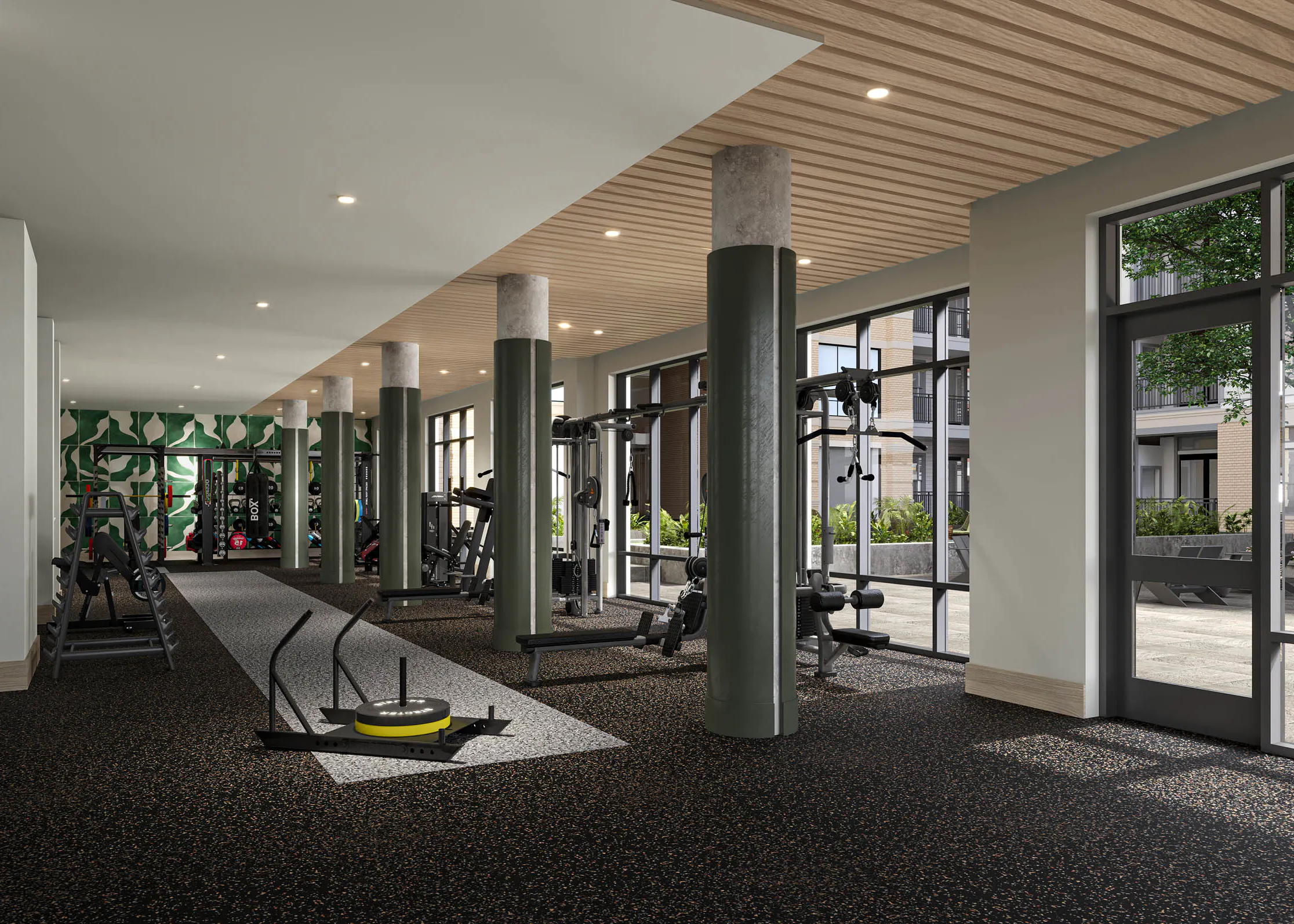 Rendering of view of AMLI Treehouse fitness center with columns and natural light with workout machines and free weights