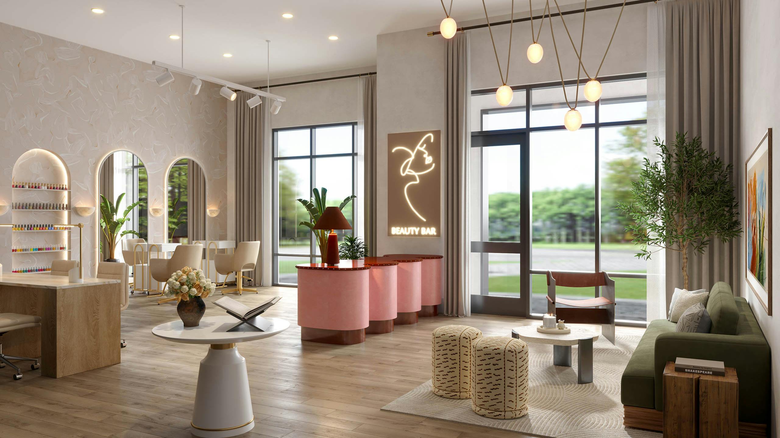 Rendering of live and work apartment at AMLI Treehouse displaying beauty salon with small tables and seating