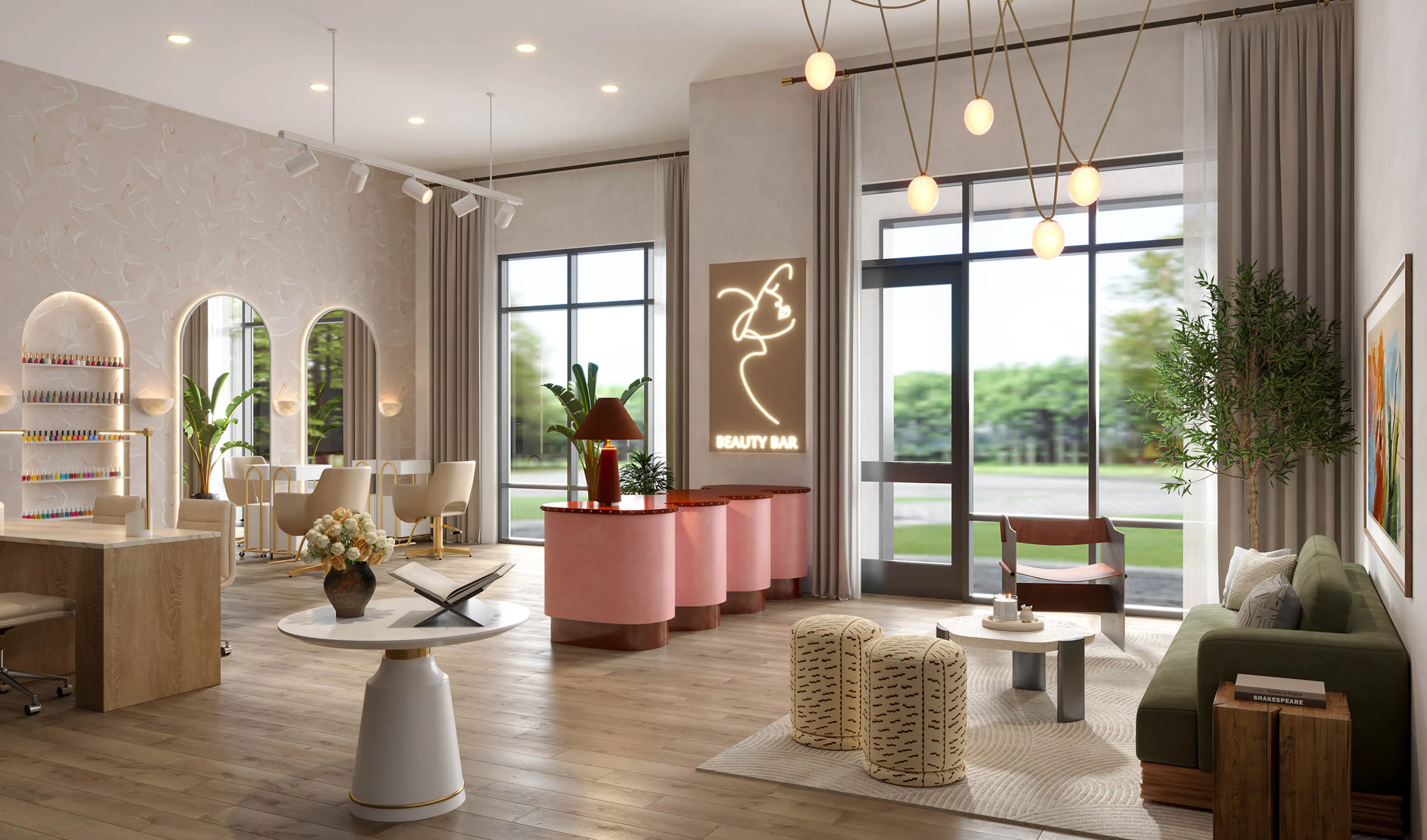 Rendering of live and work apartment at AMLI Treehouse displaying beauty salon with small tables and seating