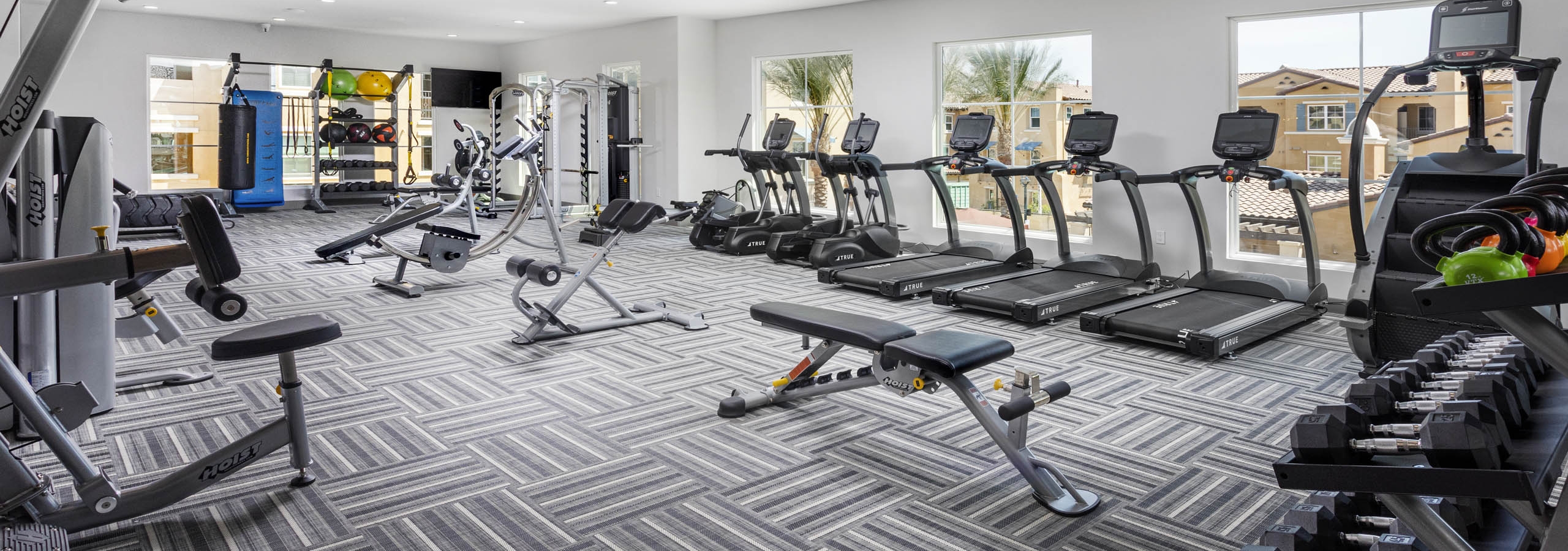 AMLI Camarillo fitness center with treadmills, strength equipment, punching bag and large windows overlooking the pool area