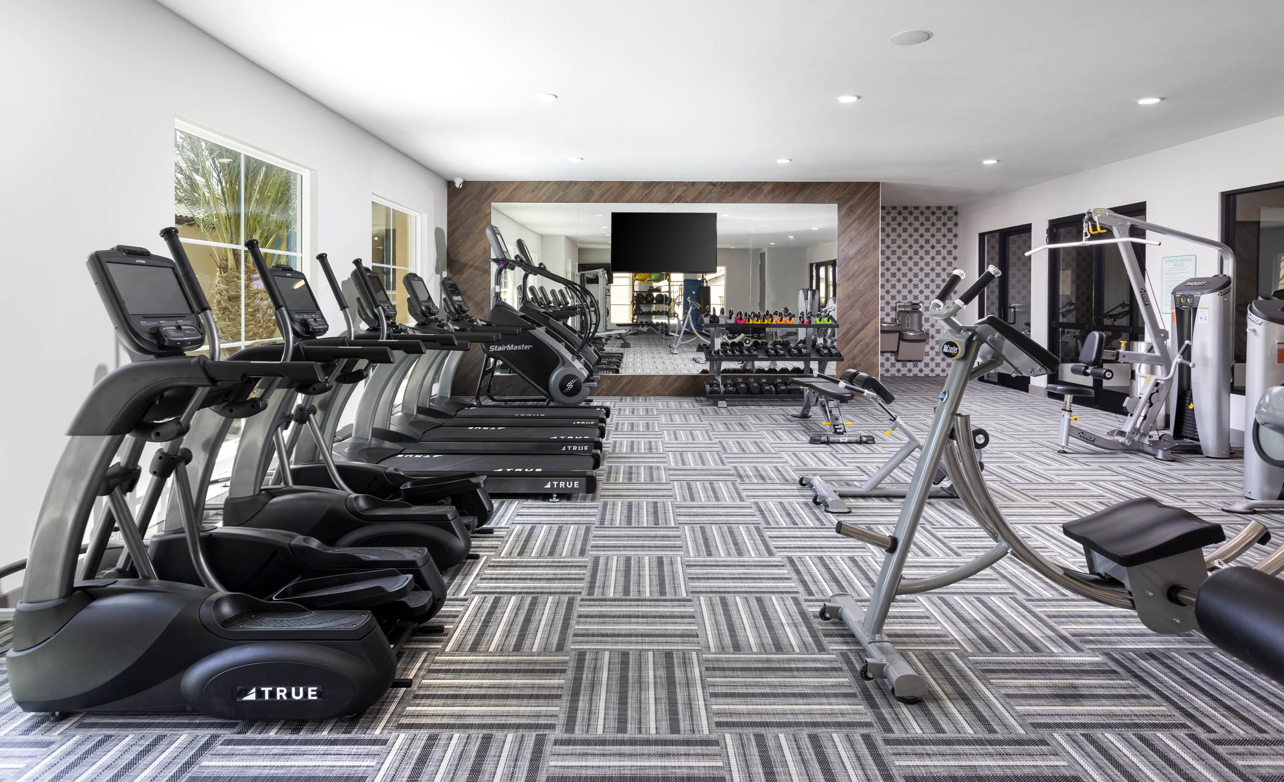 Interior view of AMLI Camarillo fitness center with treadmills, free weights, strength machines, and floor-to-ceiling mirrors