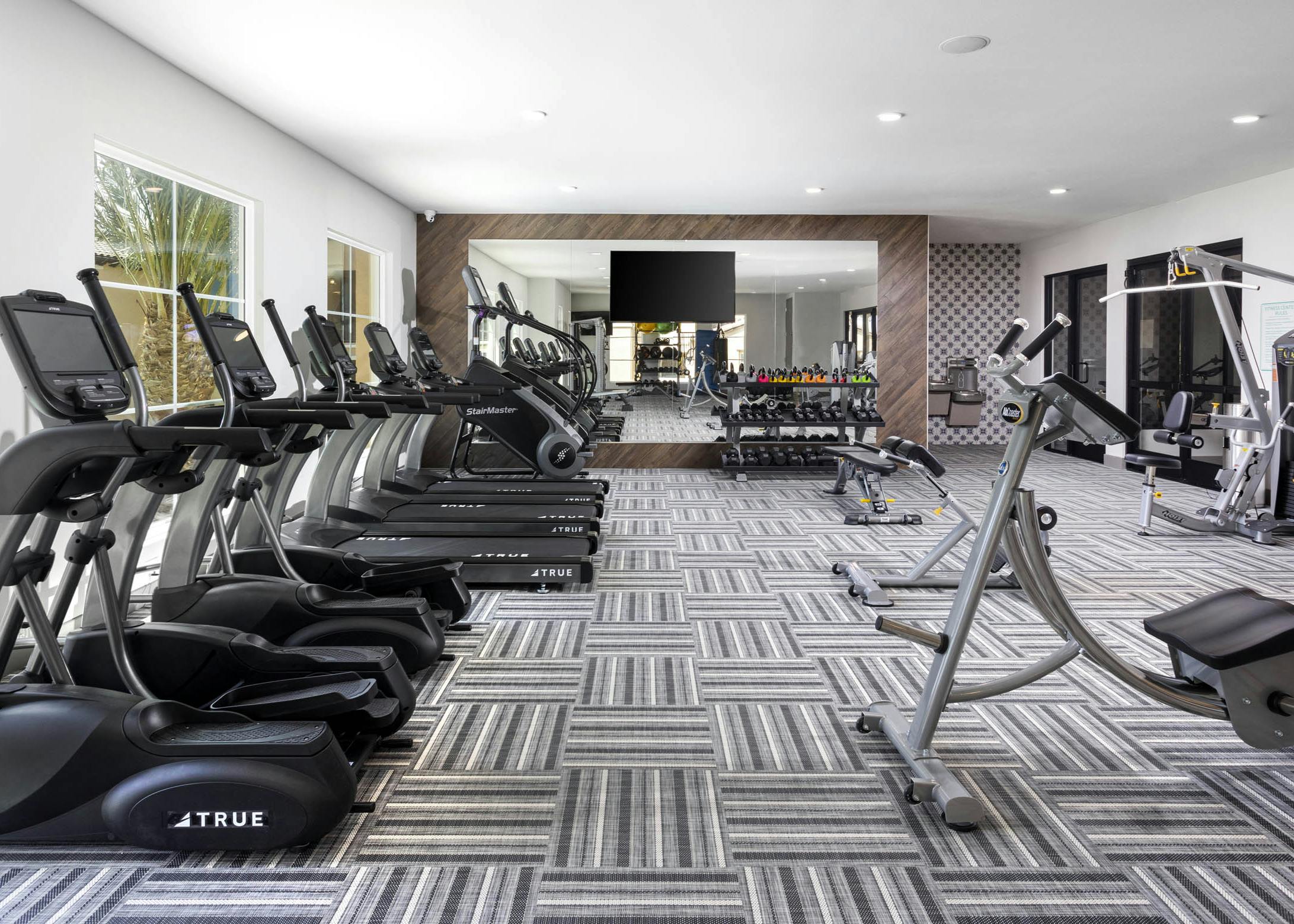 Interior view of AMLI Camarillo fitness center with treadmills, free weights, strength machines, and floor-to-ceiling mirrors
