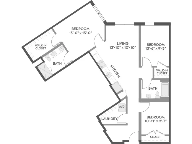 AMLI Redmond Way D3a three-bedroom floor plan image - Redmond, WA