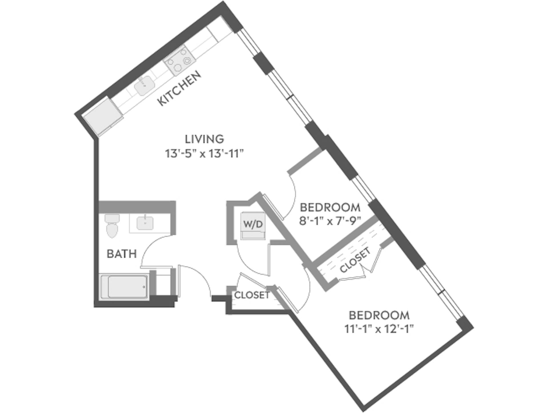 B2Z floor plan, 2 Bedroom, 1 Bathroom at AMLI Redmond Way