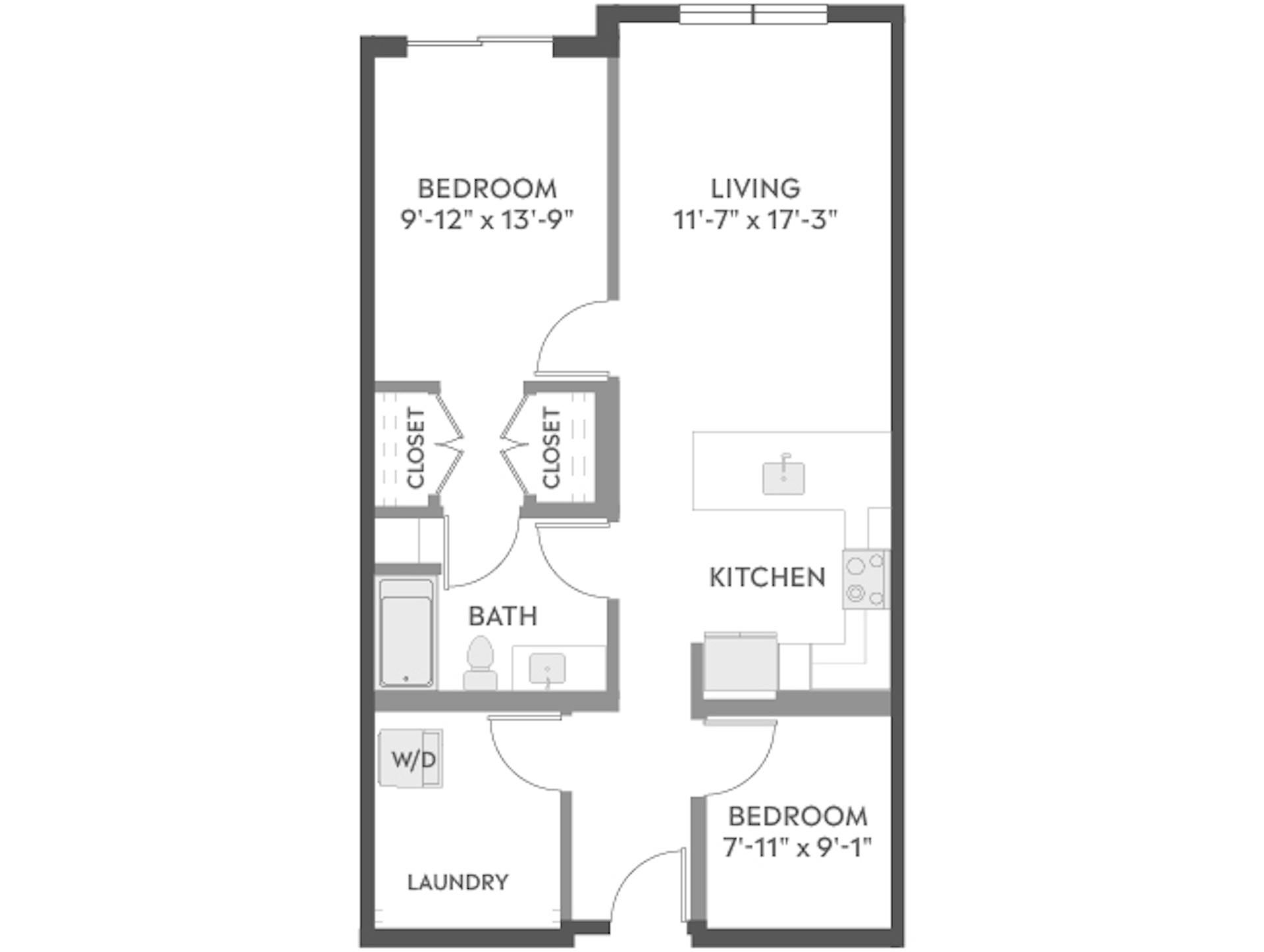 B3aZ floor plan, 2 Bedroom, 1 Bathroom at AMLI Redmond Way