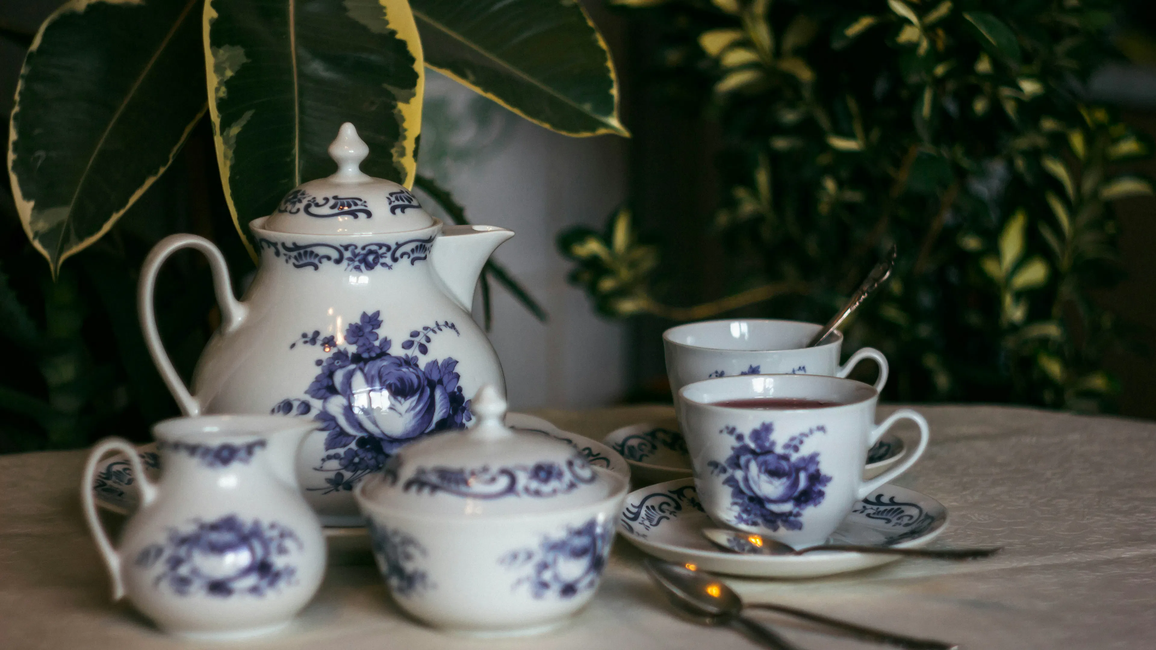 A blue and white porcelain tea set on a table with green plants in the background