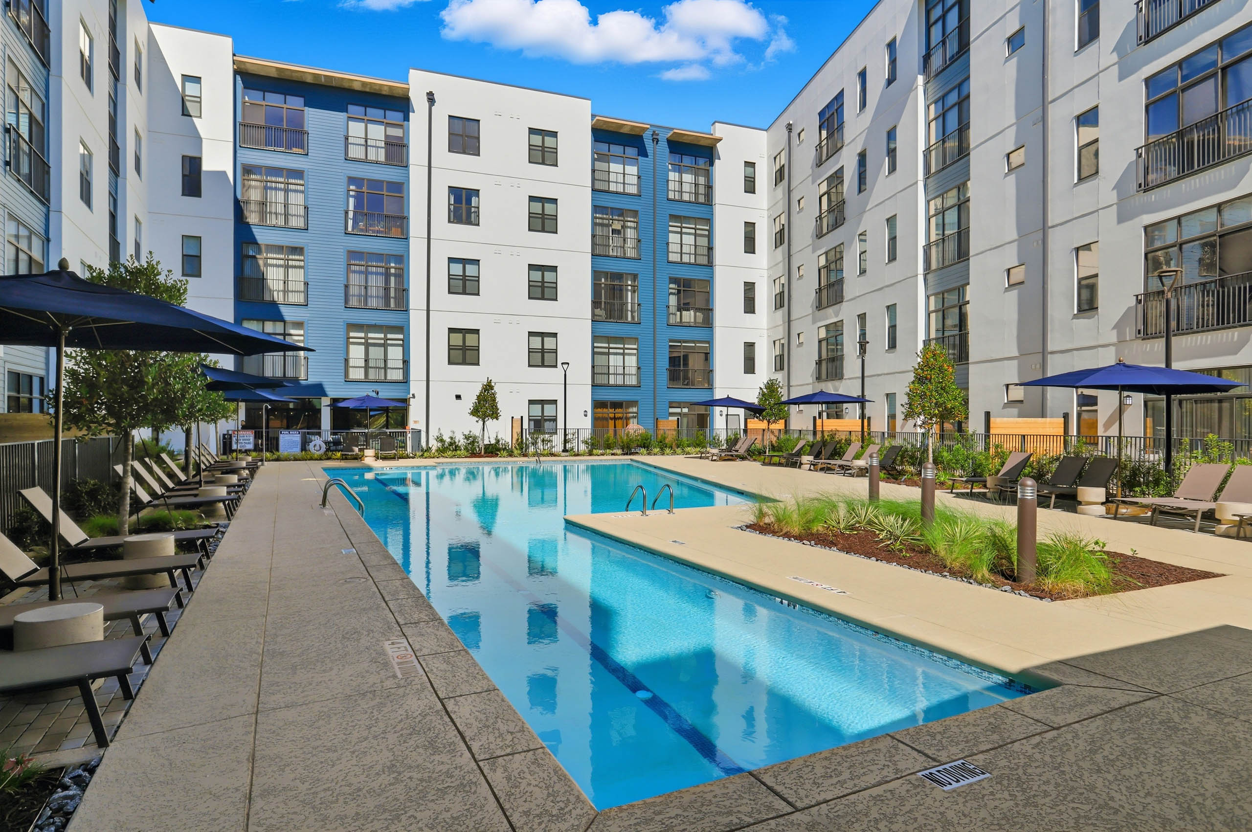 AMLI Old 4th Ward lap swimming pool with lounge chairs and umbrellas